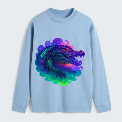 Primordial crocodile with scales pulsing plasma energy in green and - Classic Long Sleeve Shirt - Light Blue