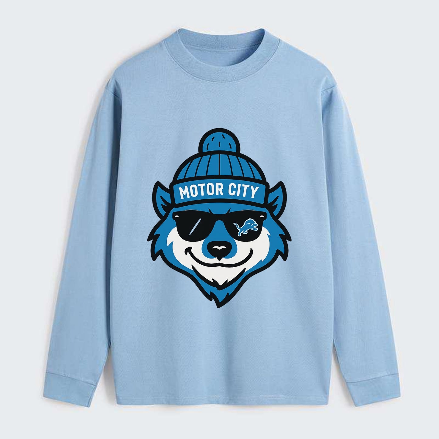 Motor City Wolverine wearing Lions beanie with gear patch and wayfarer - Classic Long Sleeve Shirt - Light Blue