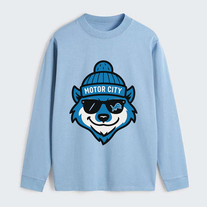 Motor City Wolverine wearing Lions beanie with gear patch and wayfarer - Classic Long Sleeve Shirt - Light Blue