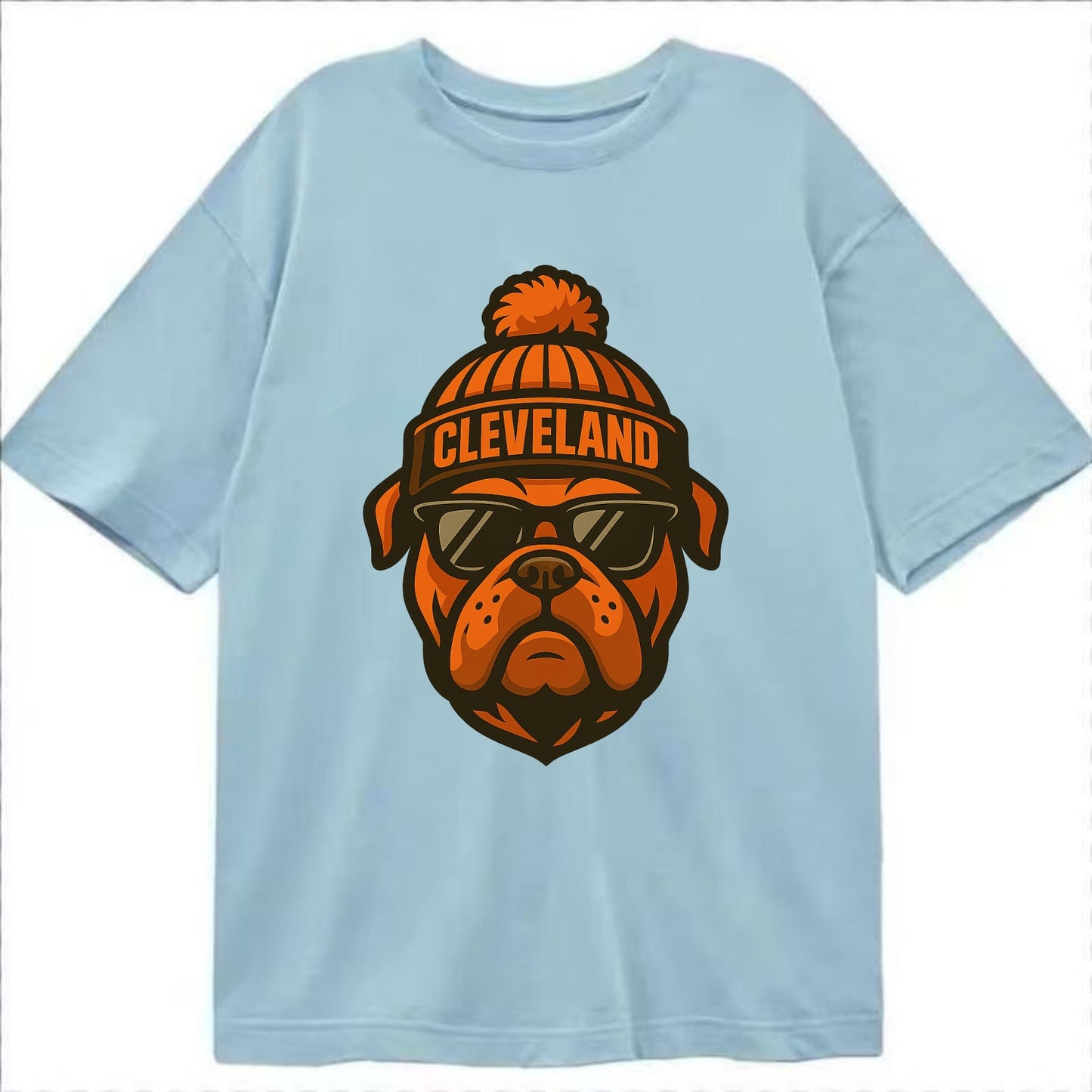 Cleveland Bulldog wearing Browns orange and brown beanie with pom pom and - Classic T-shirt - Light Blue