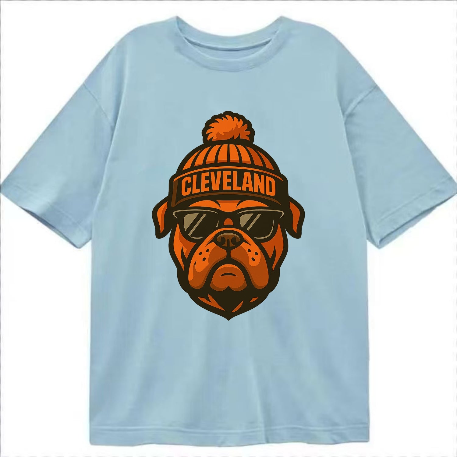 Cleveland Bulldog wearing Browns orange and brown beanie with pom pom and - Classic T-shirt - Light Blue