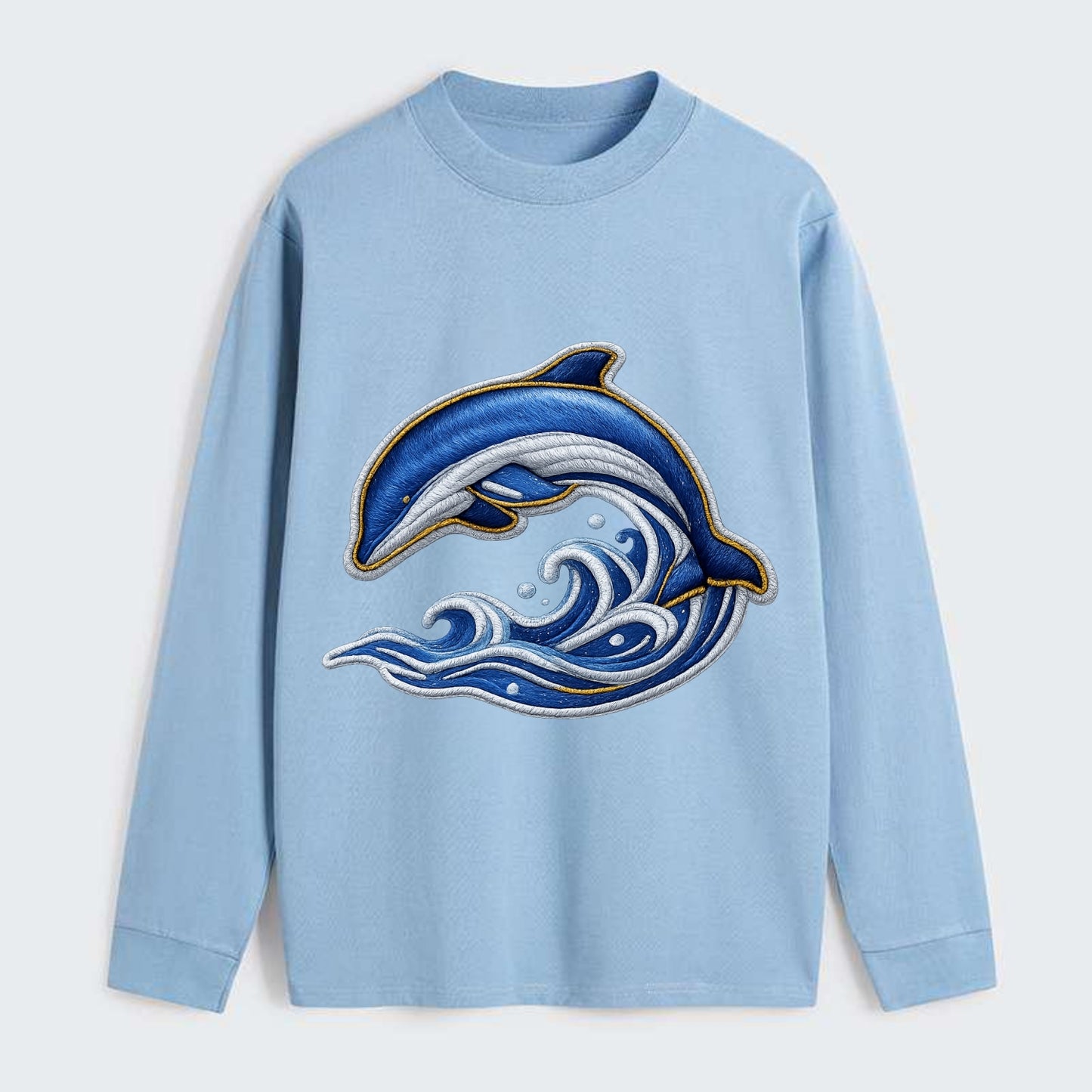 Embroidered patch design - SWIMMING DOLPHIN - diving dolphin with waves - Classic Long Sleeve Shirt - Light Blue