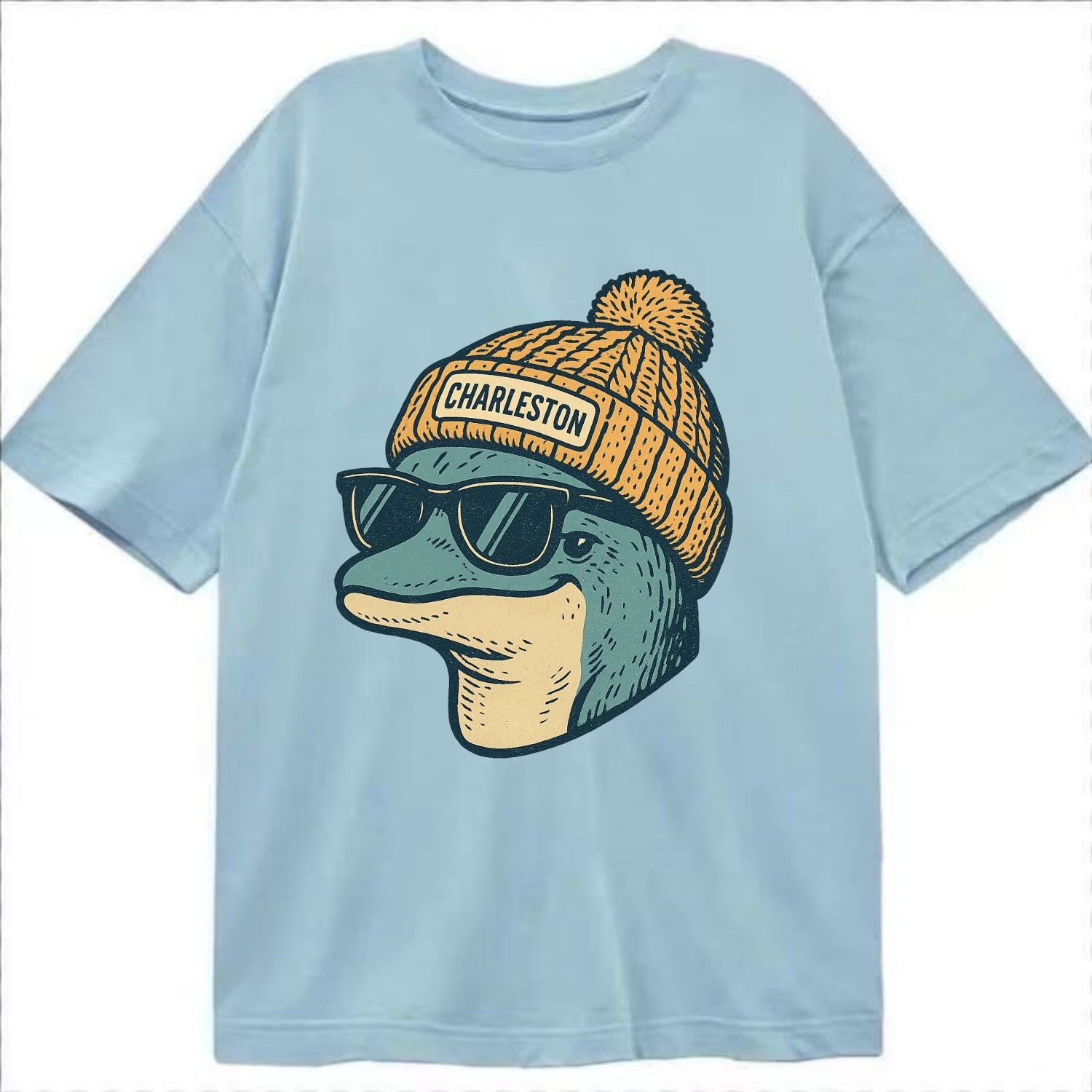 Charleston Dolphin wearing Charleston beanie with pom pom and wayfarer sunglasses - Classic T-shirt - Light Blue
