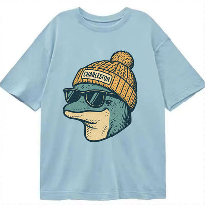 Charleston Dolphin wearing Charleston beanie with pom pom and wayfarer sunglasses - Classic T-shirt - Light Blue