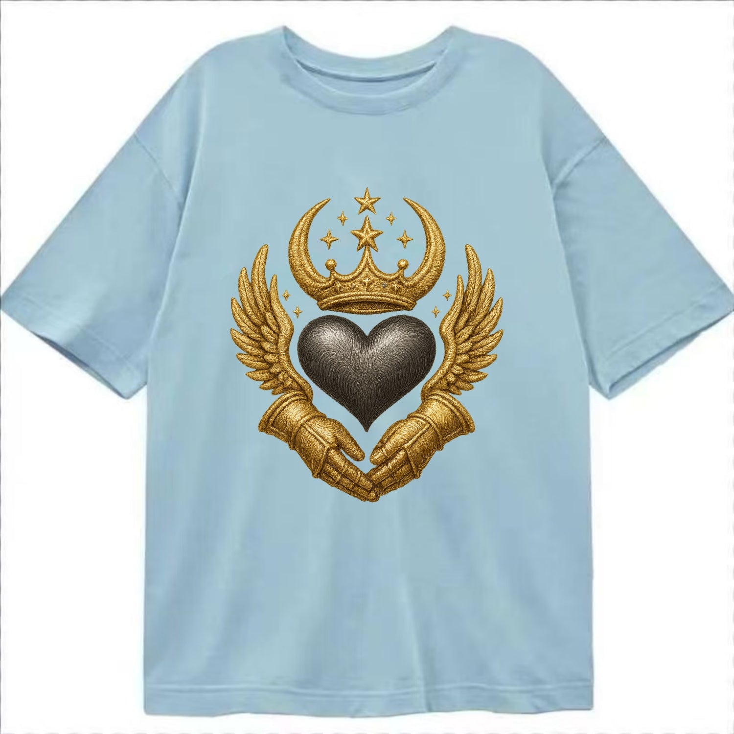 Nordic knotwork crown supporting a frosted steel heart with mittened hands - Classic T-shirt - Light Blue