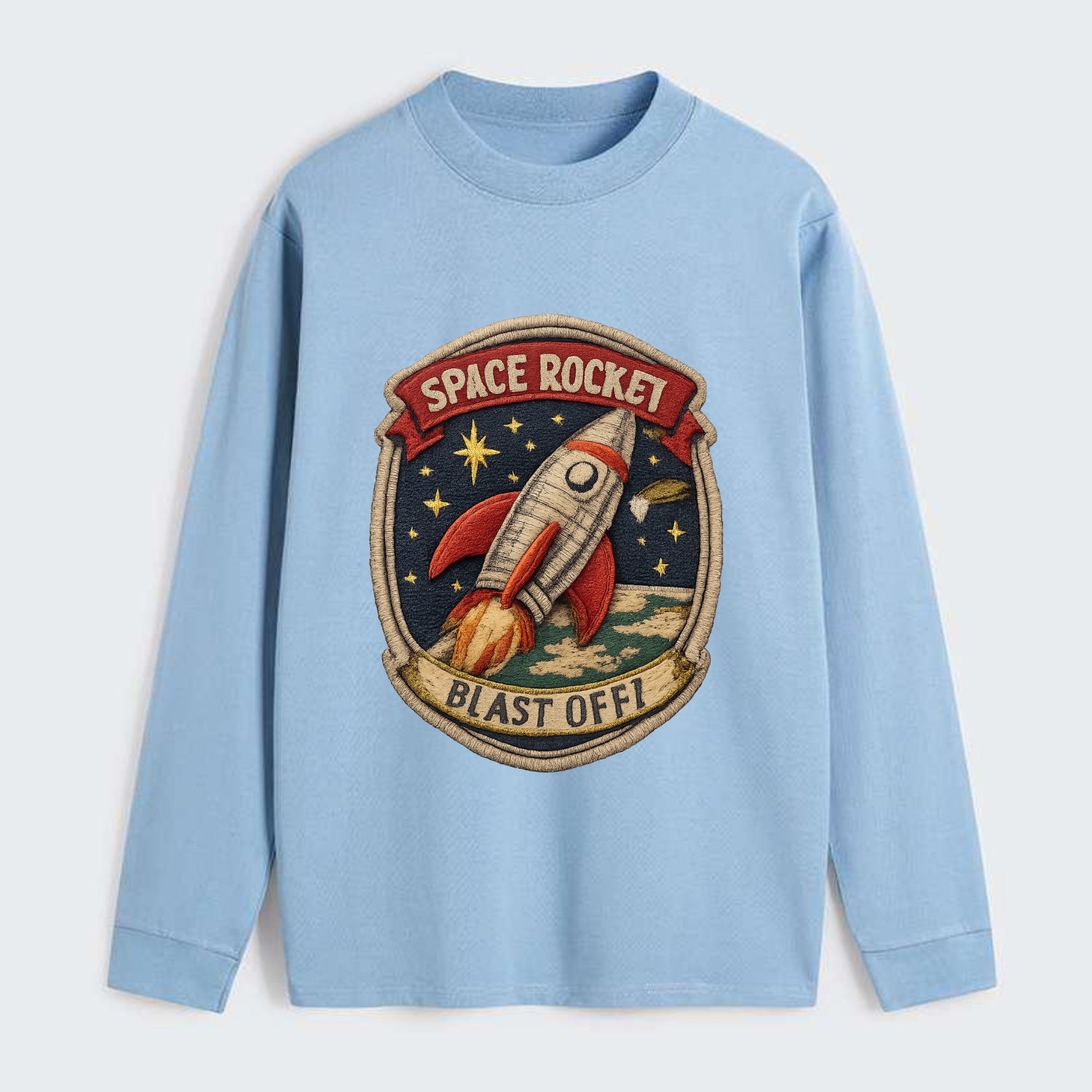 RETRO ROCKET - 1950s space rocket in silver and red , atomic age - Classic Long Sleeve Shirt - Light Blue