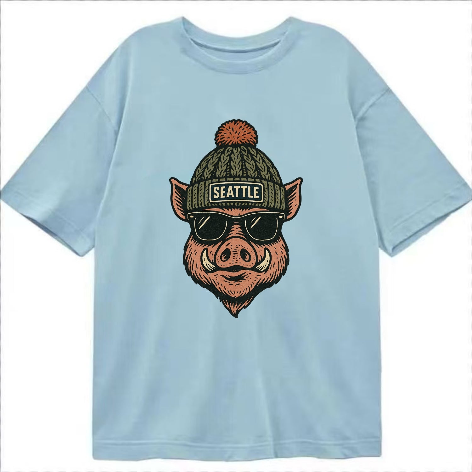 Washington Hog wearing Seattle beanie with pom pom and wayfarer sunglasses - Classic T-shirt - Light Blue
