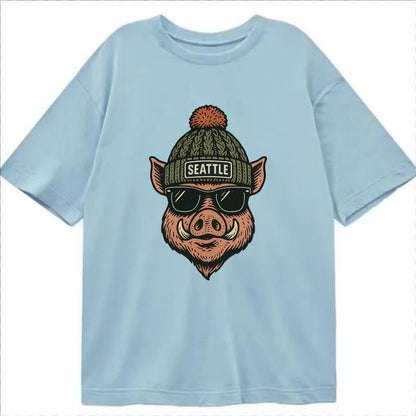Washington Hog wearing Seattle beanie with pom pom and wayfarer sunglasses - Classic T-shirt - Light Blue