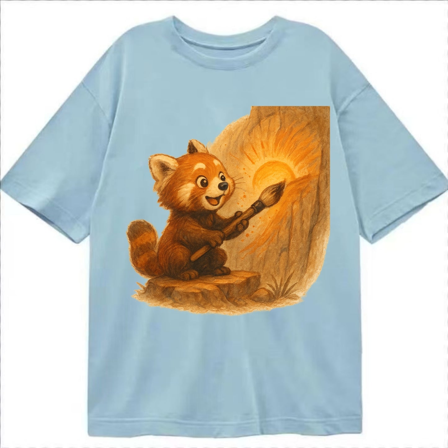 Red panda painting a sunrise mural with an oversized calligraphy brush on a cliff - Classic T-shirt - Light Blue