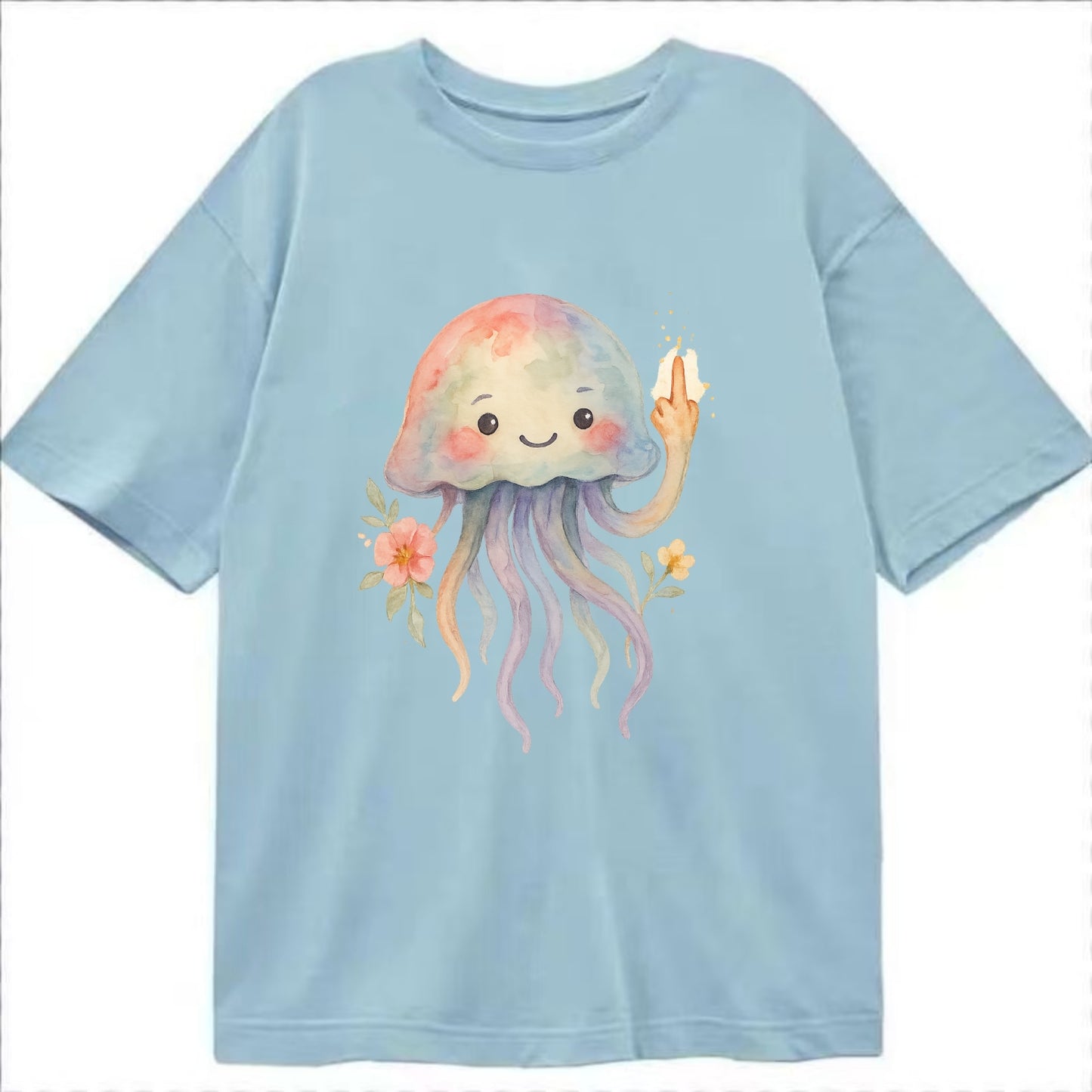 jellyfish with kawaii face and tentacles, one tentacle pointing up defiantly - Classic T-shirt - Light Blue
