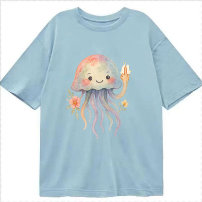jellyfish with kawaii face and tentacles, one tentacle pointing up defiantly - Classic T-shirt - Light Blue