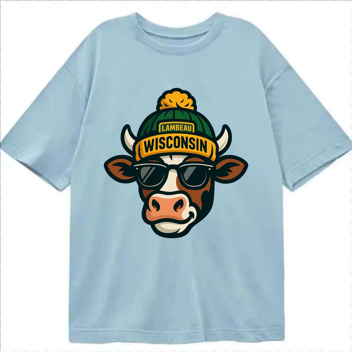 Wisconsin Cow wearing Packers beanie with Lambeau patch and wayfarer sunglasses - Classic T-shirt - Light Blue