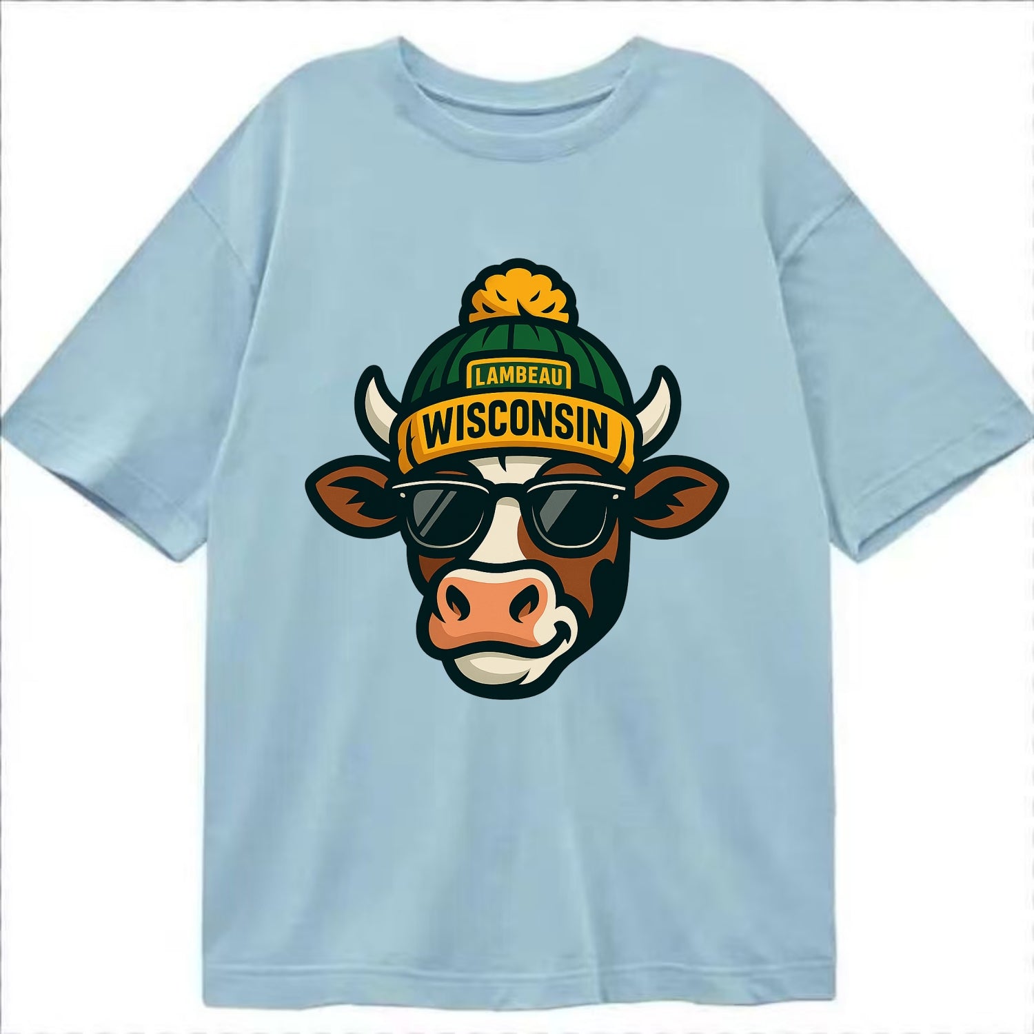 Wisconsin Cow wearing Packers beanie with Lambeau patch and wayfarer sunglasses - Classic T-shirt - Light Blue