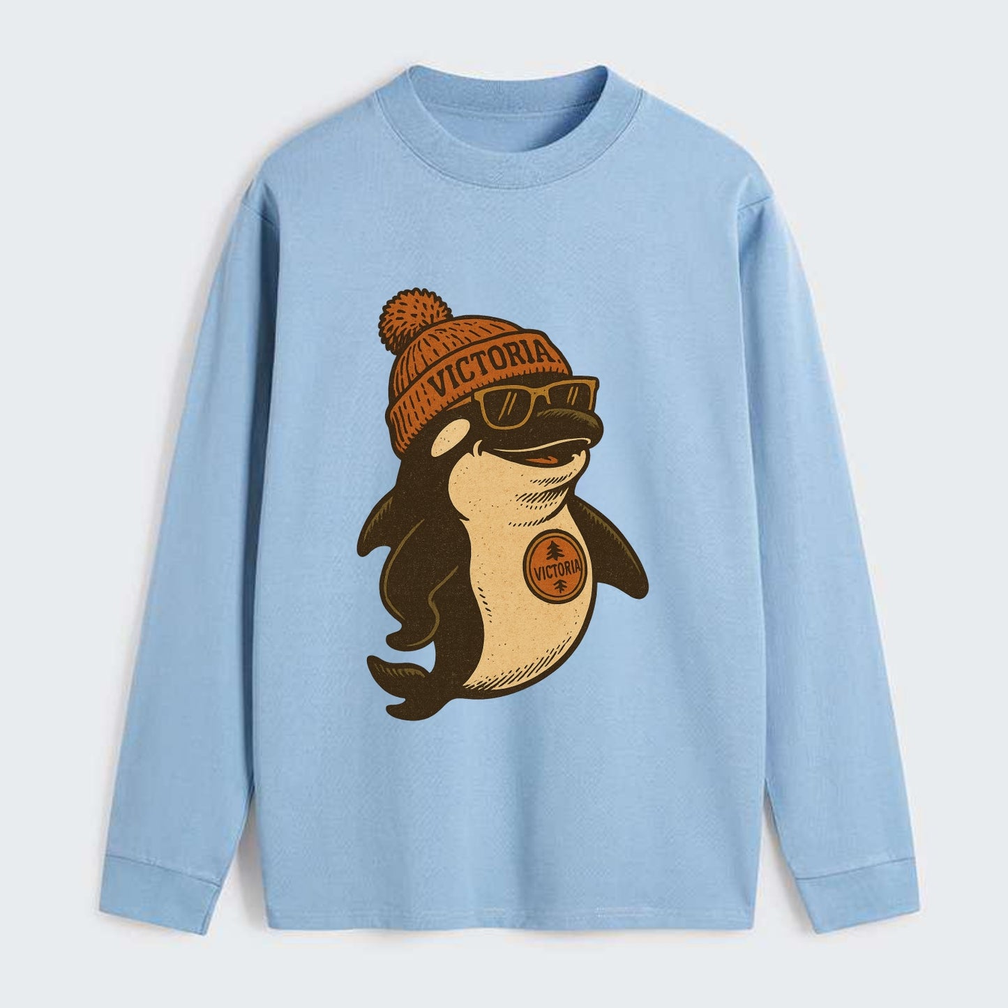 Victoria Orca wearing Victoria beanie with pom pom and wayfarer - Classic Long Sleeve Shirt - Light Blue