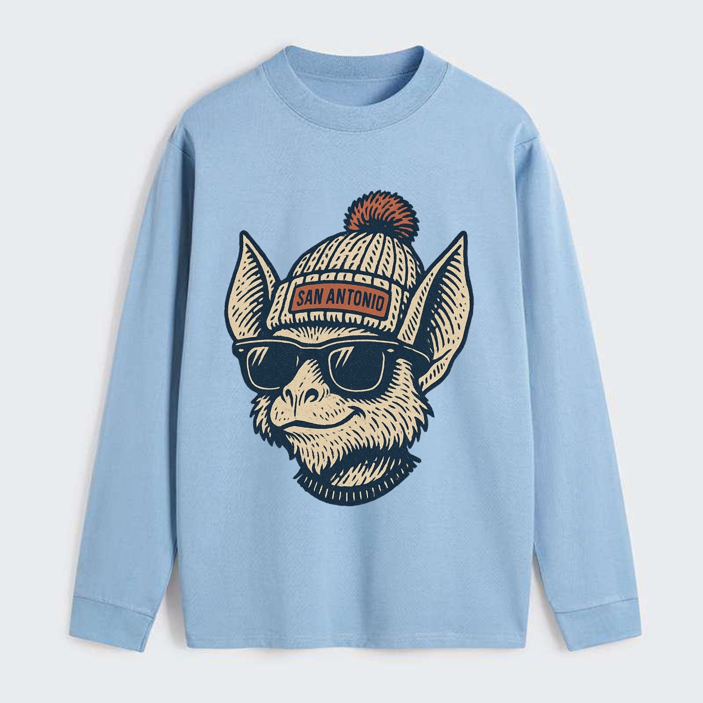 San Antonio Bat wearing San Antonio beanie with pom pom and wayfarer - Classic Long Sleeve Shirt - Light Blue