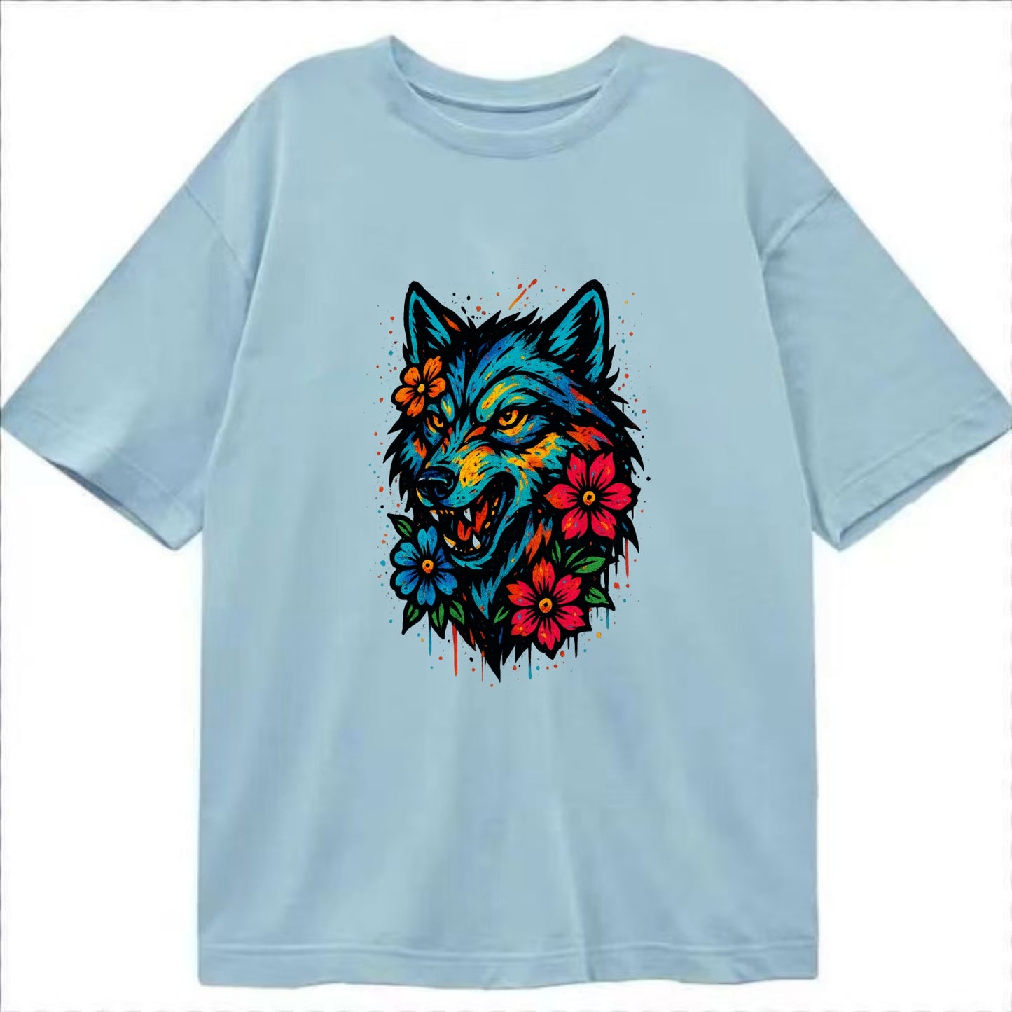 Floral Wolf Garden  - Classic T-shirt - Light Blue