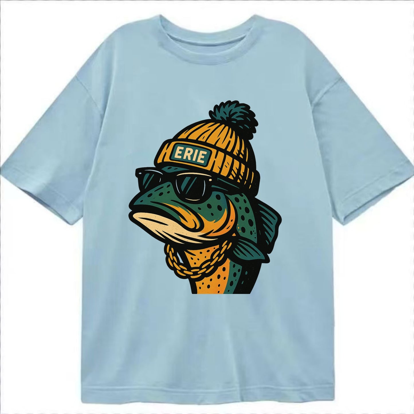 Erie Lake Trout wearing Erie beanie with pom pom and wayfarer sunglasses - Classic T-shirt - Light Blue