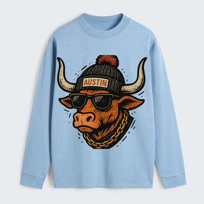 Texas Longhorn wearing Austin beanie with pom pom and wayfarer - Classic Long Sleeve Shirt - Light Blue