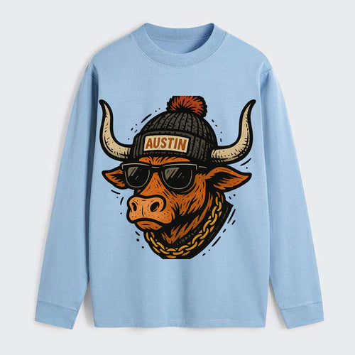 Texas Longhorn wearing Austin beanie with pom pom and wayfarer - Classic Long Sleeve Shirt