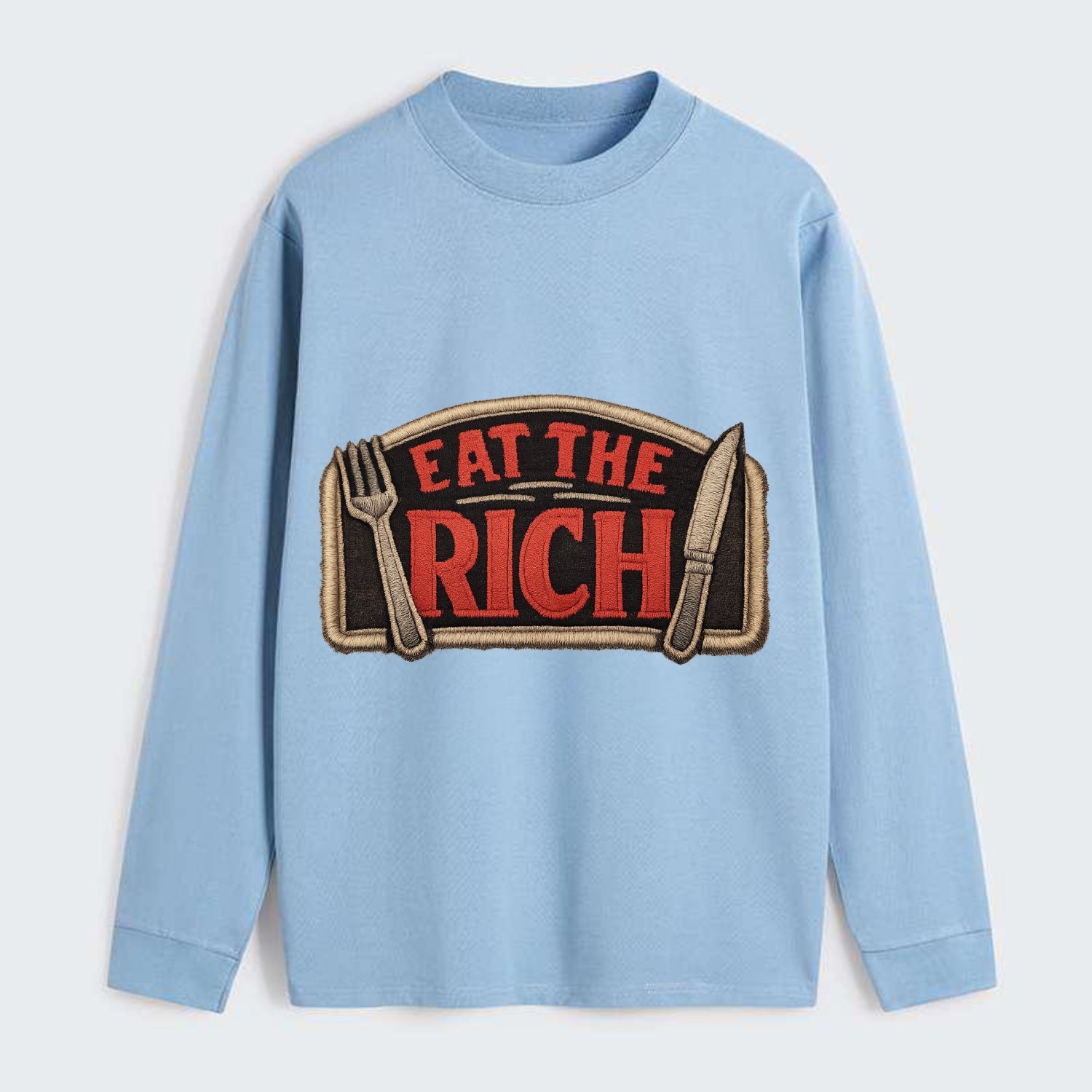 EAT THE RICH - fork and knife with text in red and silver , class war - Classic Long Sleeve Shirt - Light Blue