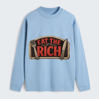EAT THE RICH - fork and knife with text in red and silver , class war - Classic Long Sleeve Shirt - Light Blue