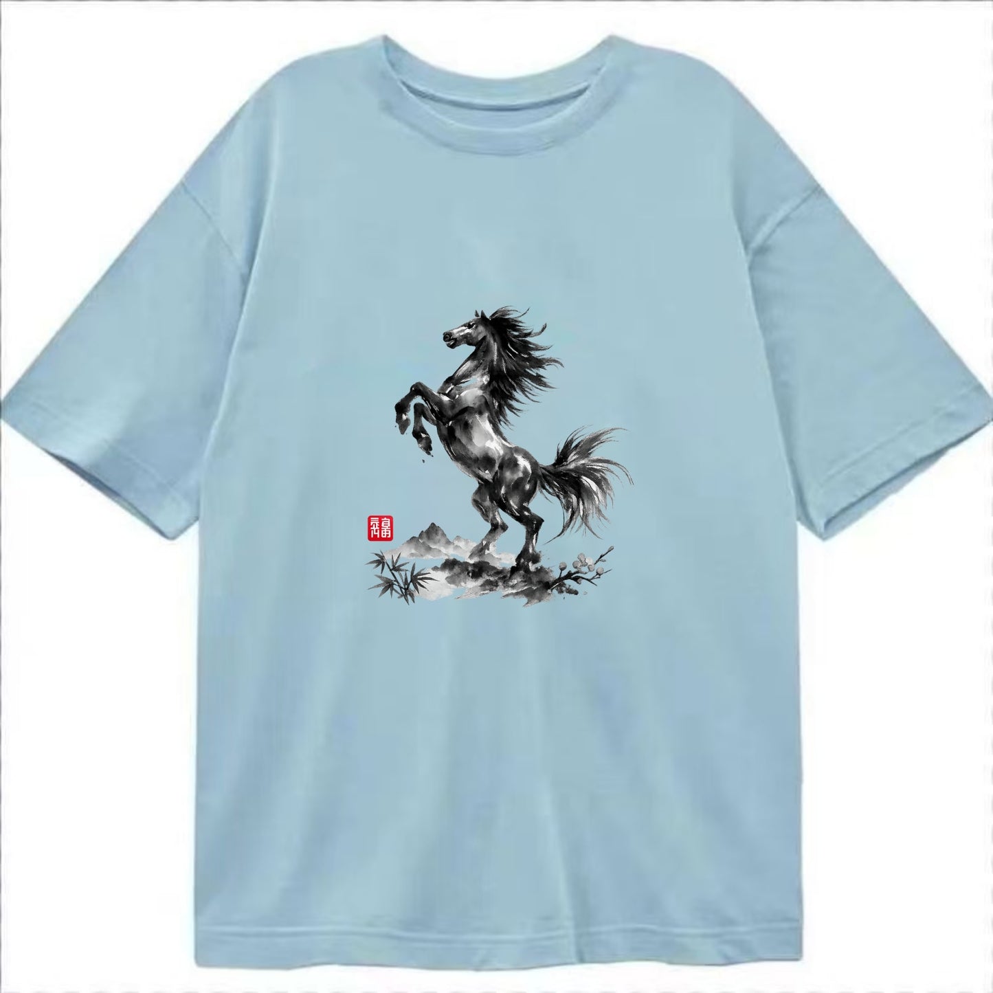 WILD STALLION | Powerful stallion rearing up | Windswept mane and tail | Mountain - Classic T-shirt - Light Blue