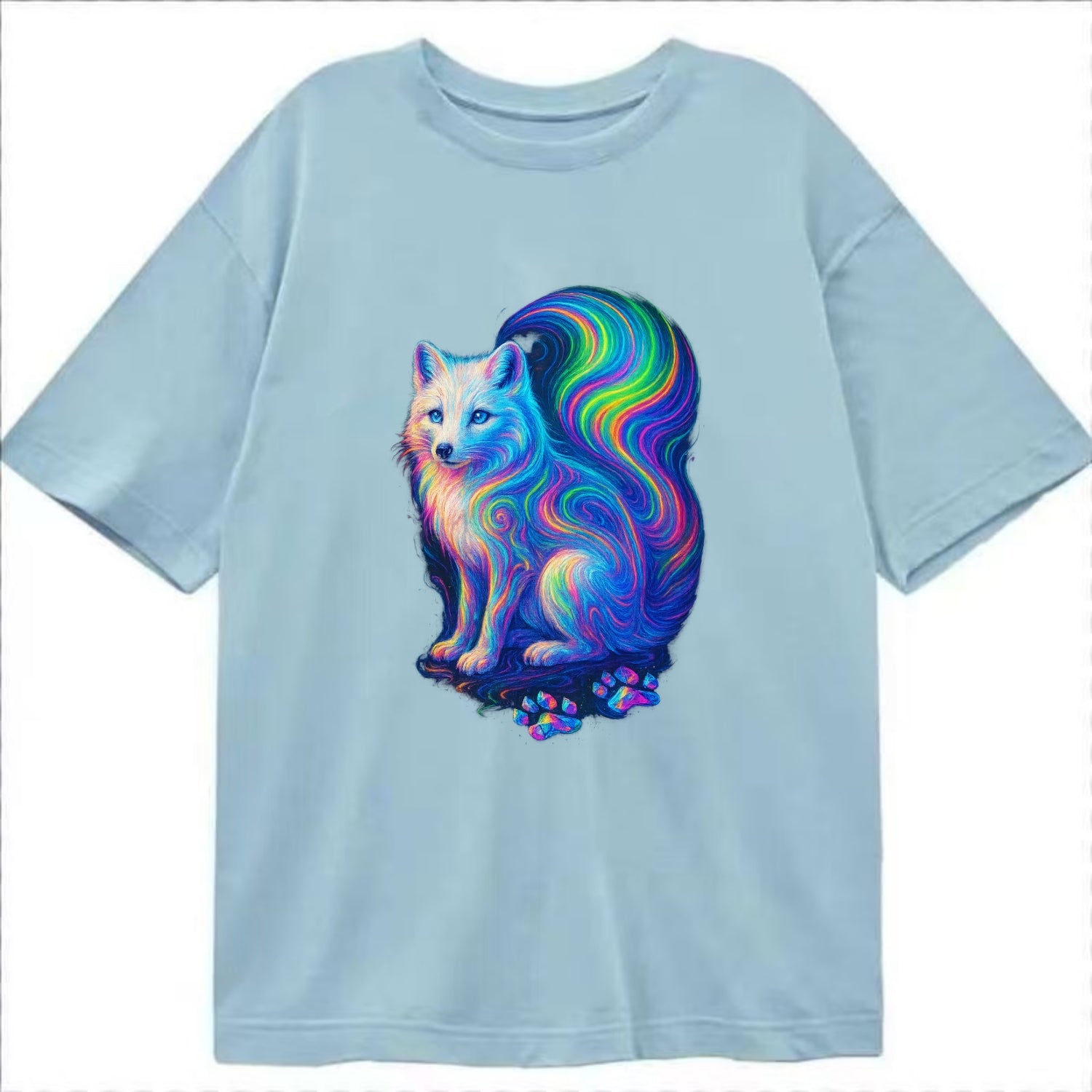 Graceful arctic fox with tail streaming aurora colors, white fur with prismatic - Classic T-shirt - Light Blue