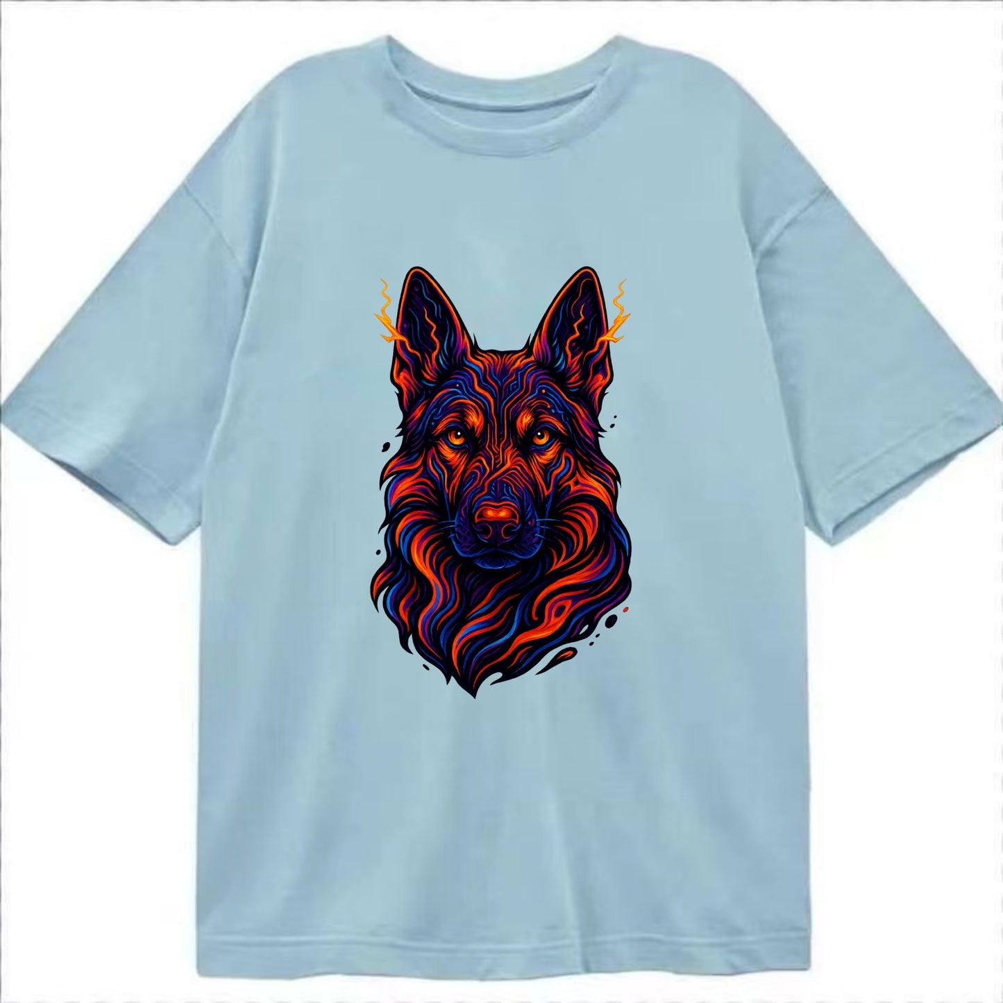 Alert German Shepherd with cyber circuit patterns in the fur, neon orange and - Classic T-shirt - Light Blue