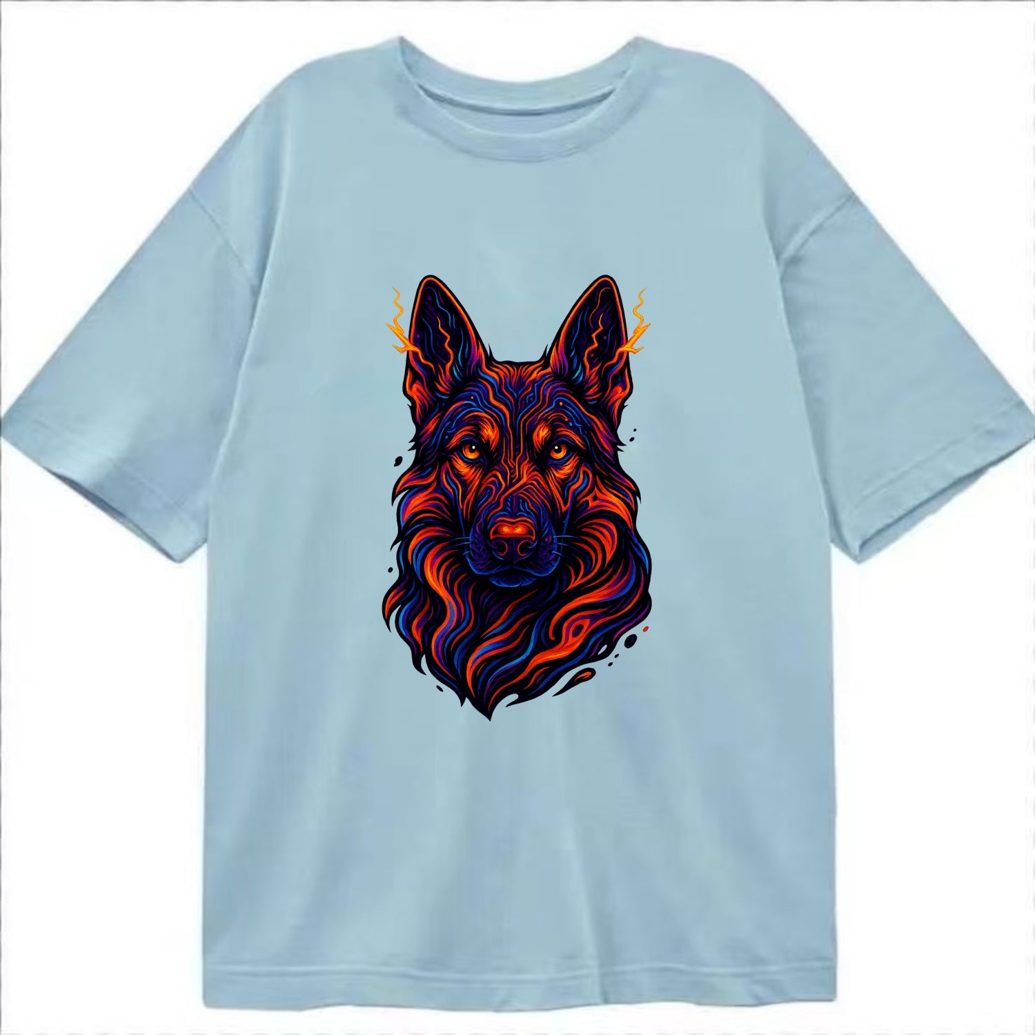 Alert German Shepherd with cyber circuit patterns in the fur, neon orange and - Classic T-shirt - Light Blue