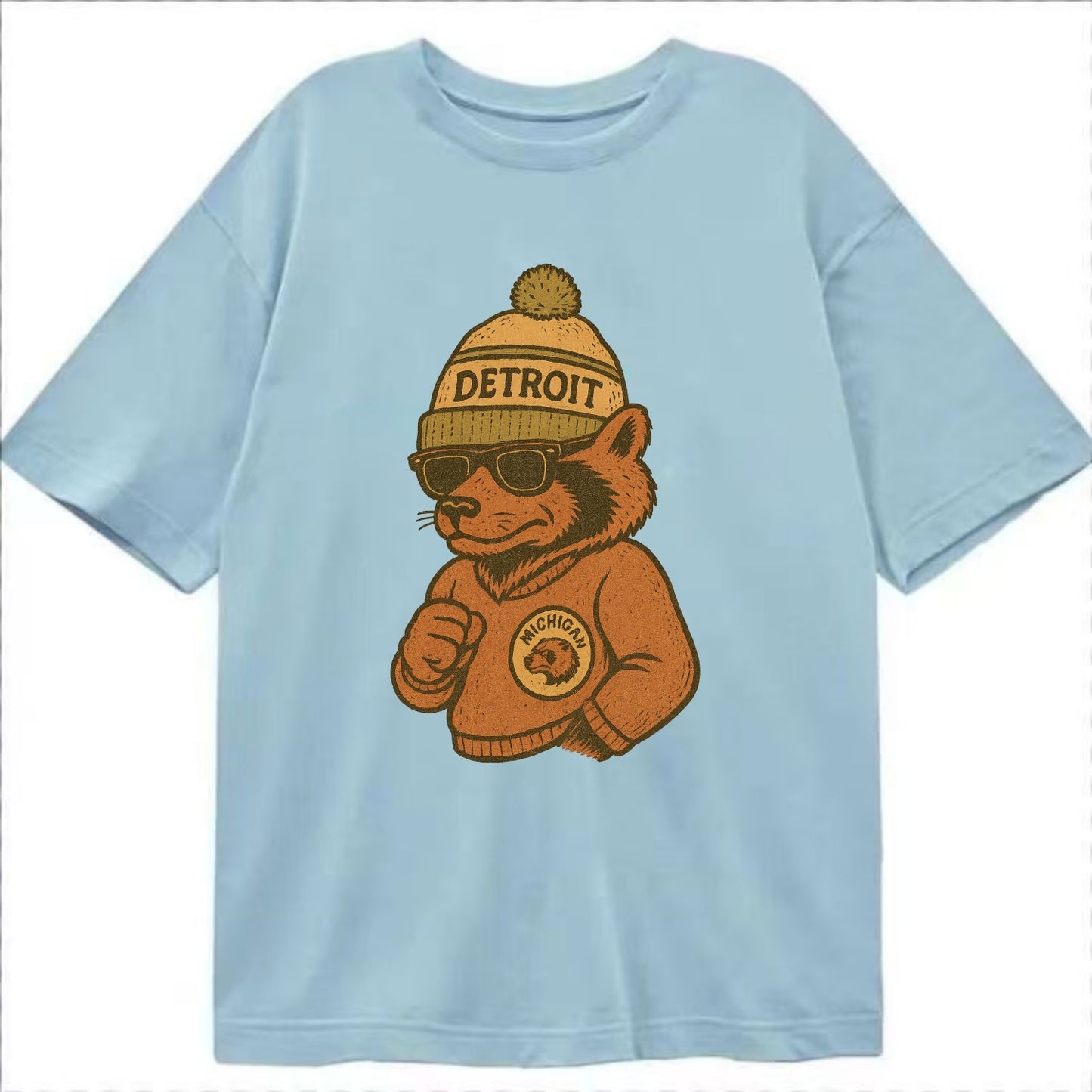 Michigan Wolverine wearing Detroit beanie with pom pom and wayfarer sunglasses - Classic T-shirt - Light Blue
