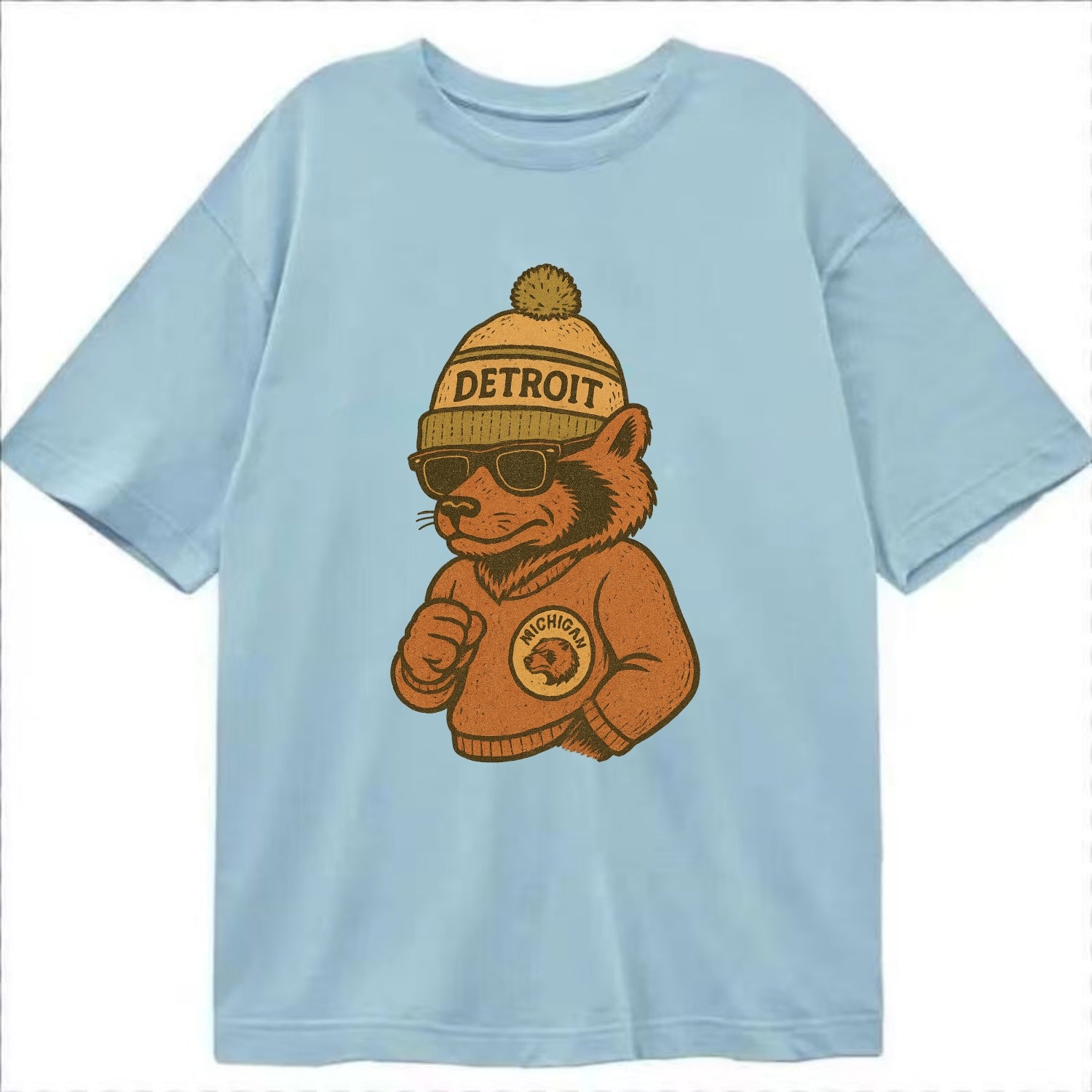 Michigan Wolverine wearing Detroit beanie with pom pom and wayfarer sunglasses - Classic T-shirt - Light Blue