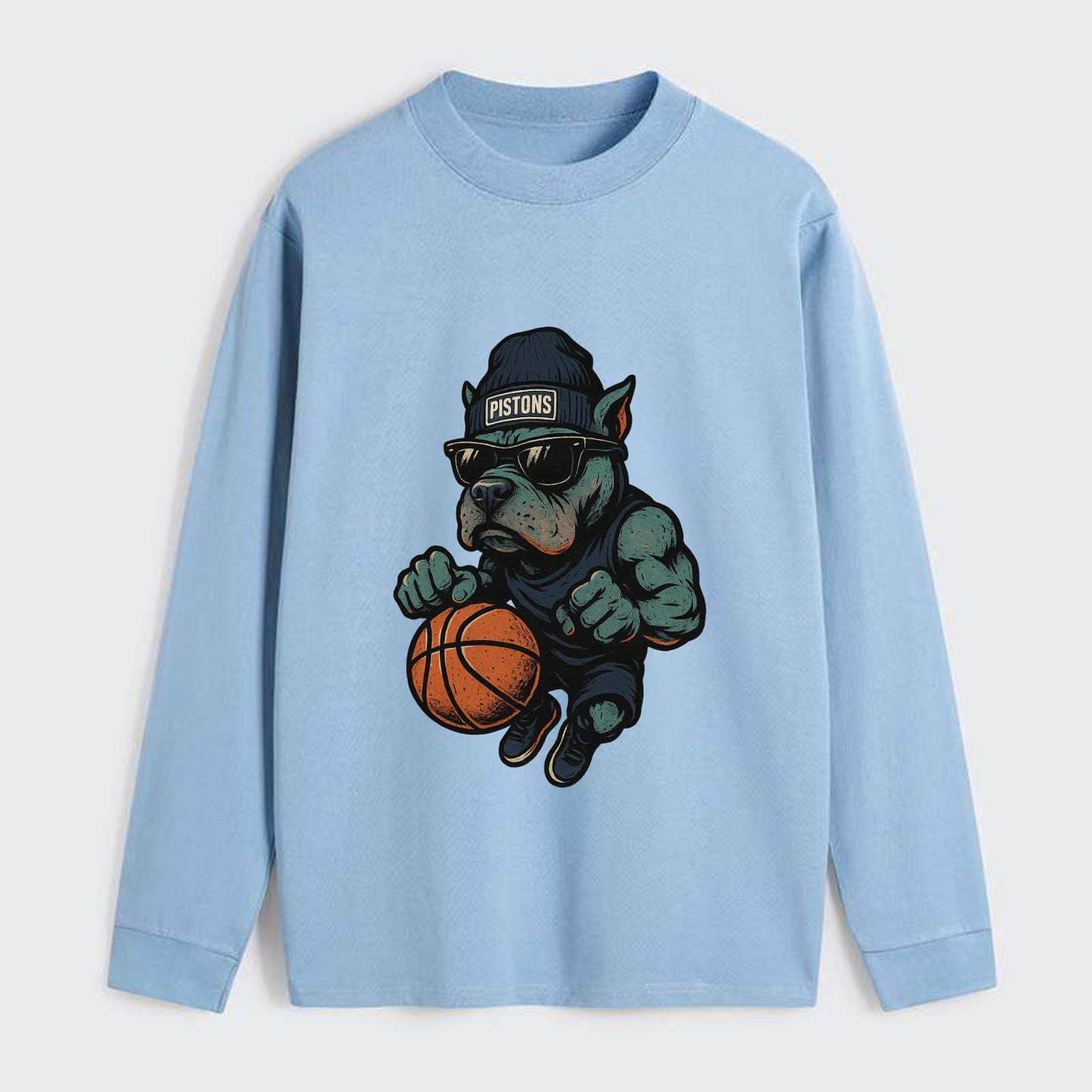 Detroit Pitbull wearing Pistons beanie with chrome patch and wayfarer - Classic Long Sleeve Shirt - Light Blue