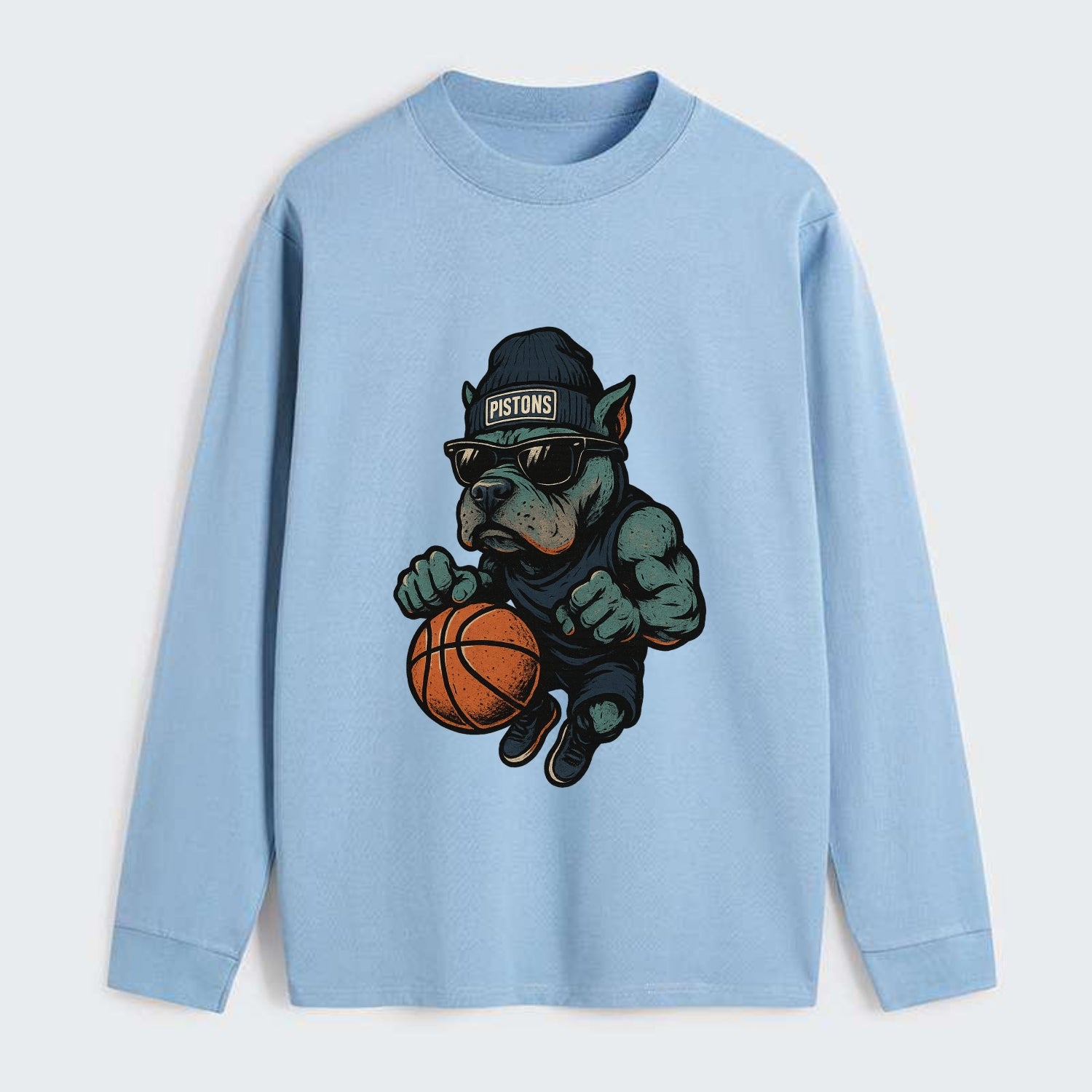 Detroit Pitbull wearing Pistons beanie with chrome patch and wayfarer - Classic Long Sleeve Shirt - Light Blue