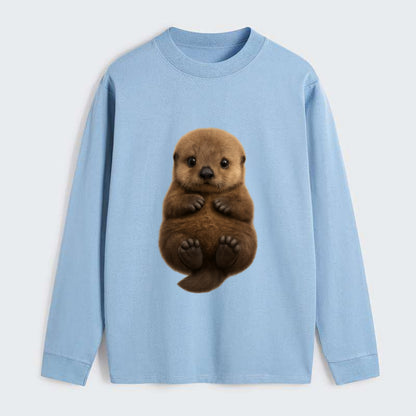 Baby Sea Otter - brown fluffy, floating on back, tiny paws, bright - Classic Long Sleeve Shirt - Light Blue