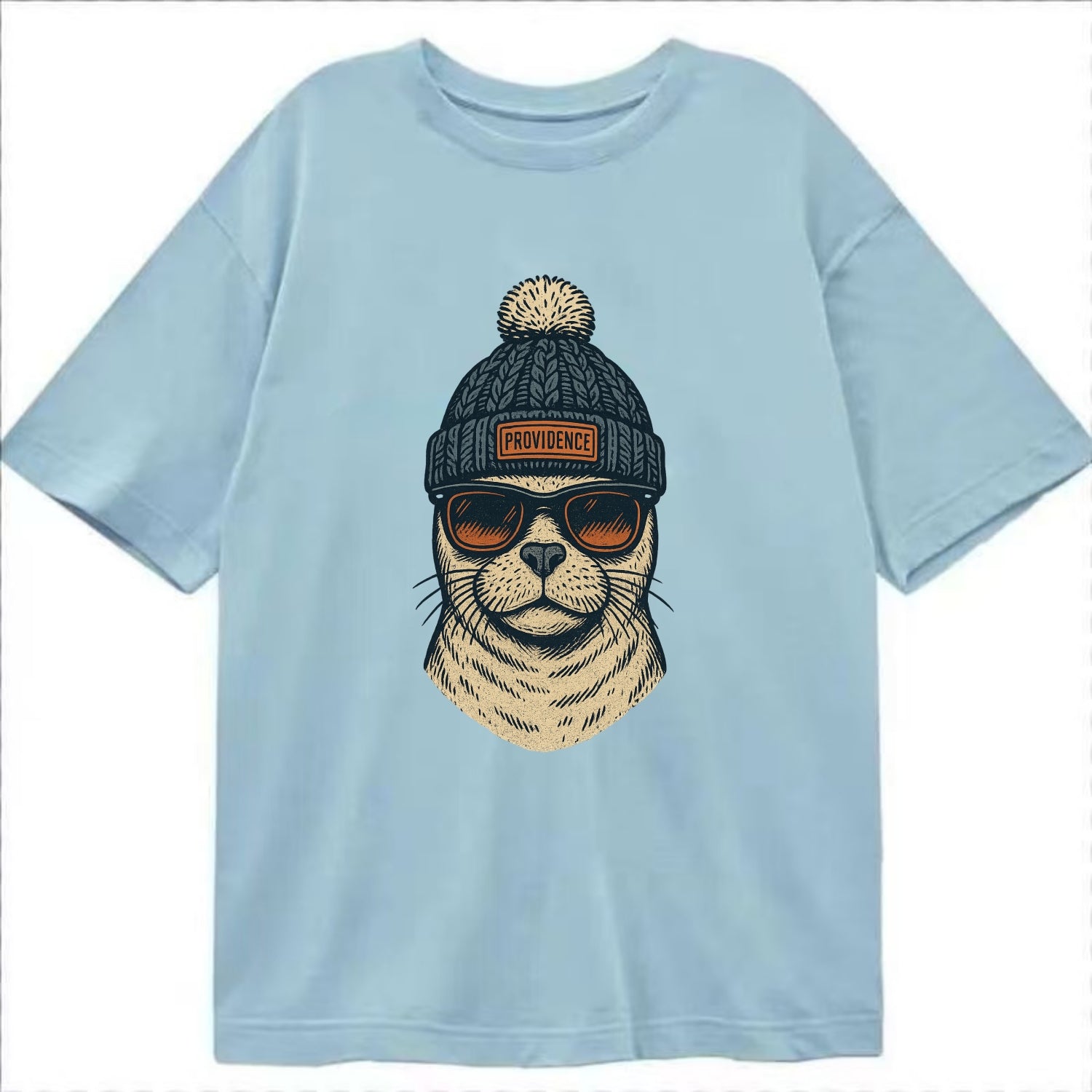 Rhode Island Harbor Seal wearing Providence beanie with pom pom and wayfarer - Classic T-shirt - Light Blue