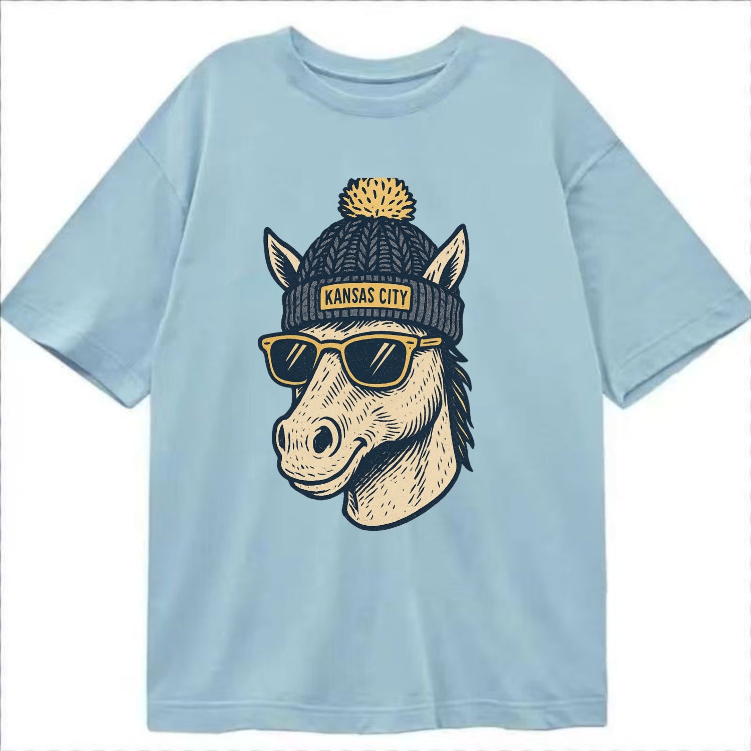 Missouri Mule wearing Kansas City beanie with pom pom and wayfarer sunglasses - Classic T-shirt - Light Blue