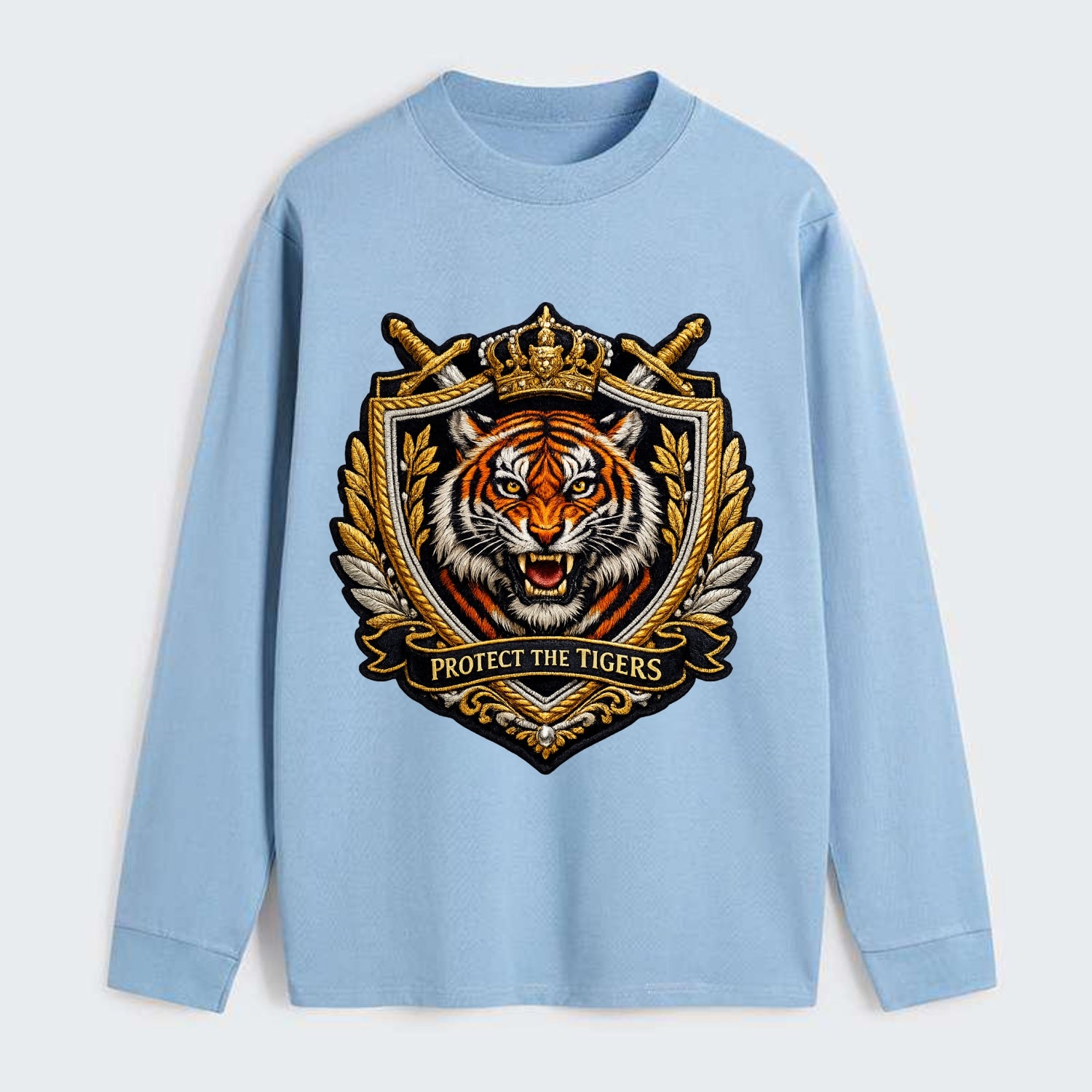 PROTECT THE TIGERS - tiger with shield in orange , big cat conservation - Classic Long Sleeve Shirt - Light Blue