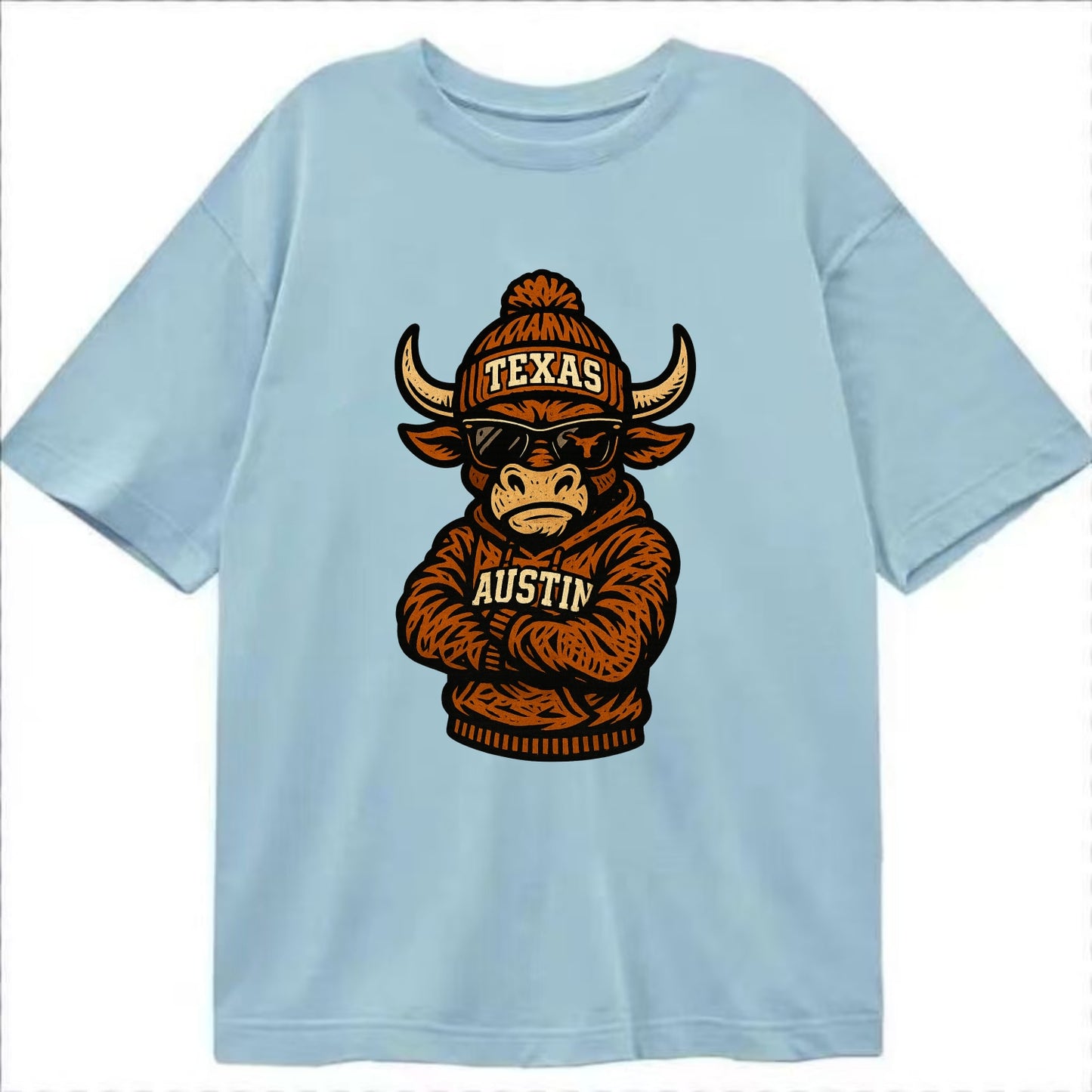 Austin Bevo wearing Texas beanie with longhorn patch - Classic T-shirt - Light Blue