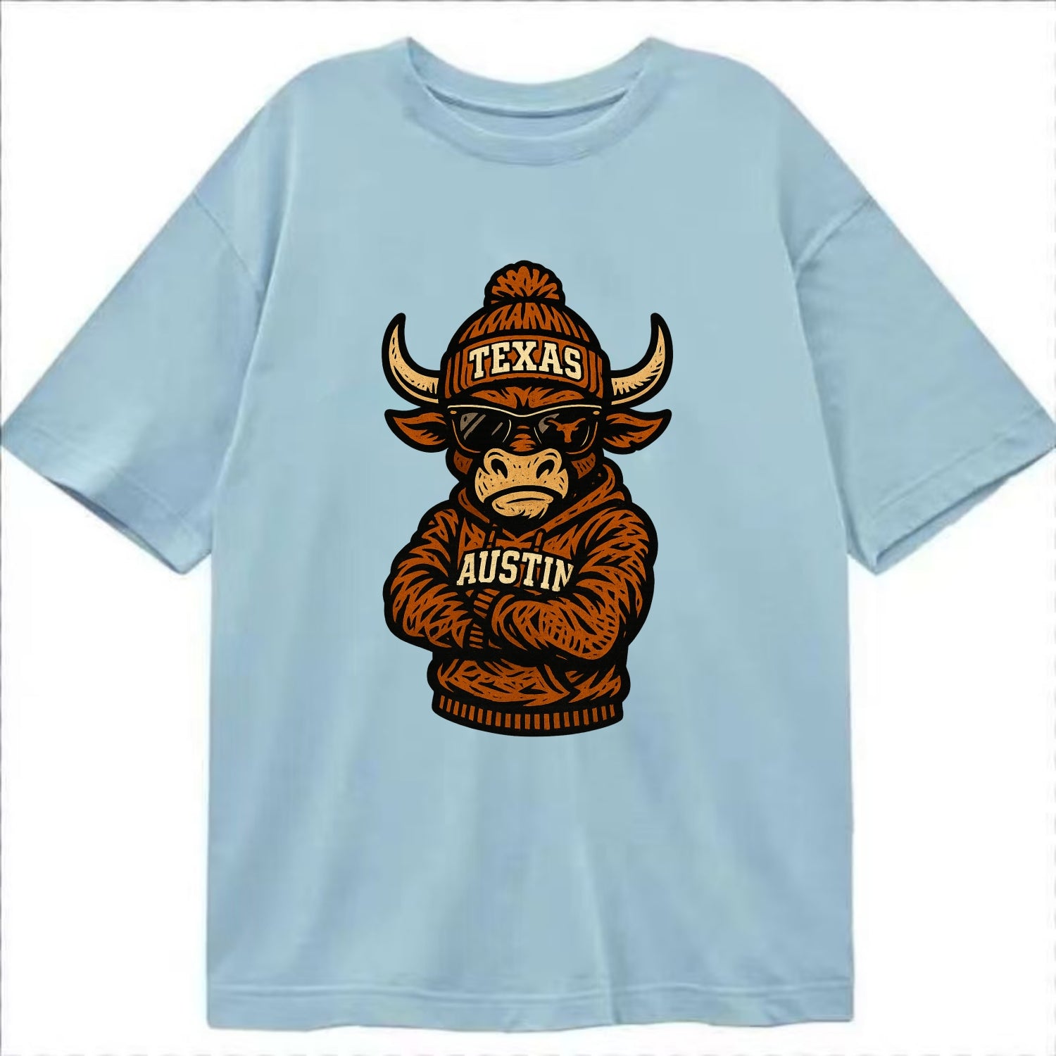 Austin Bevo wearing Texas beanie with longhorn patch - Classic T-shirt - Light Blue