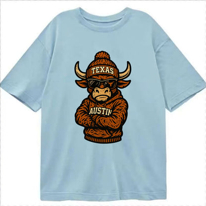 Austin Bevo wearing Texas beanie with longhorn patch - Classic T-shirt - Light Blue