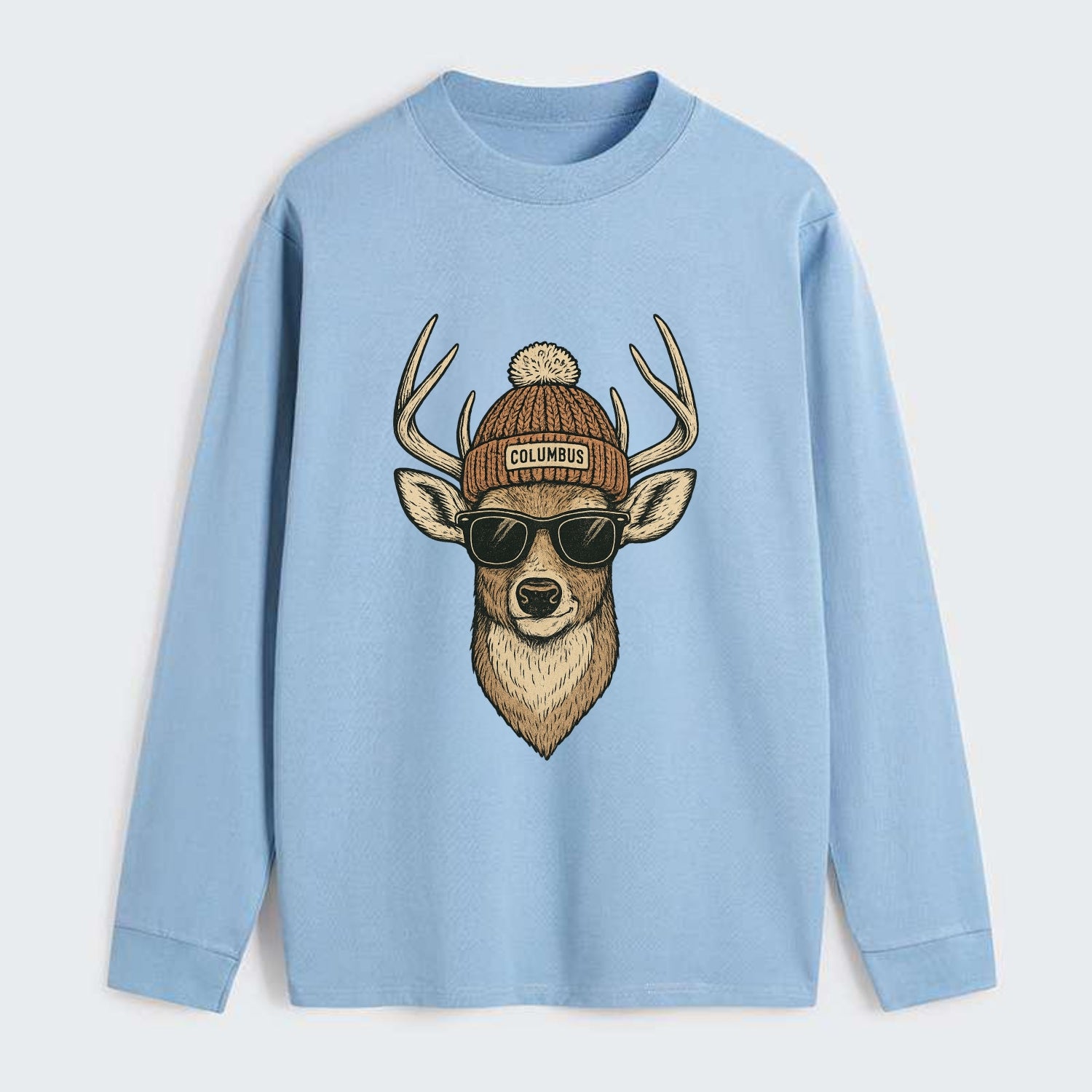 Ohio White-tailed Deer wearing Columbus beanie with pom pom and - Classic Long Sleeve Shirt - Light Blue