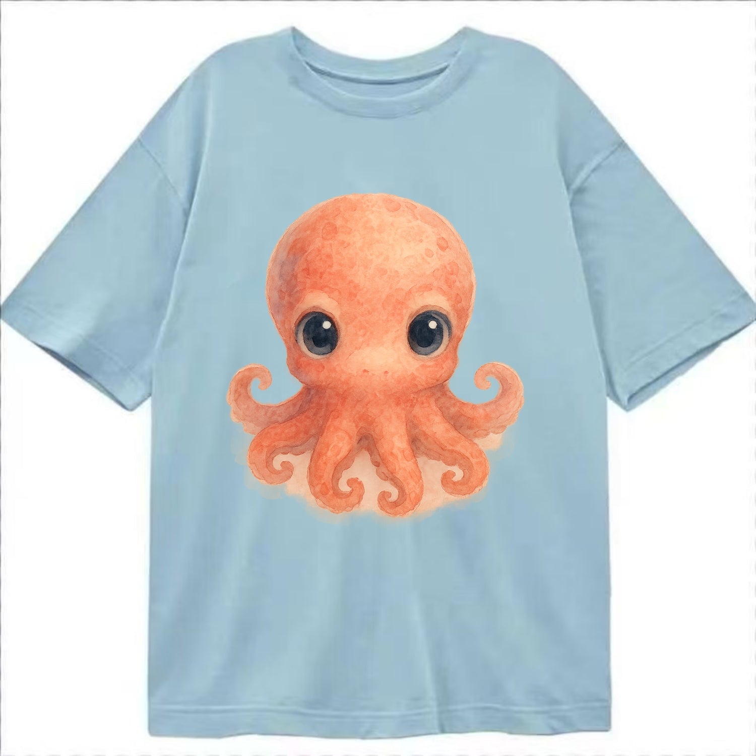 Baby Octopus - red-orange, eight tiny tentacles curled, large intelligent eyes, - Classic T-shirt - Light Blue