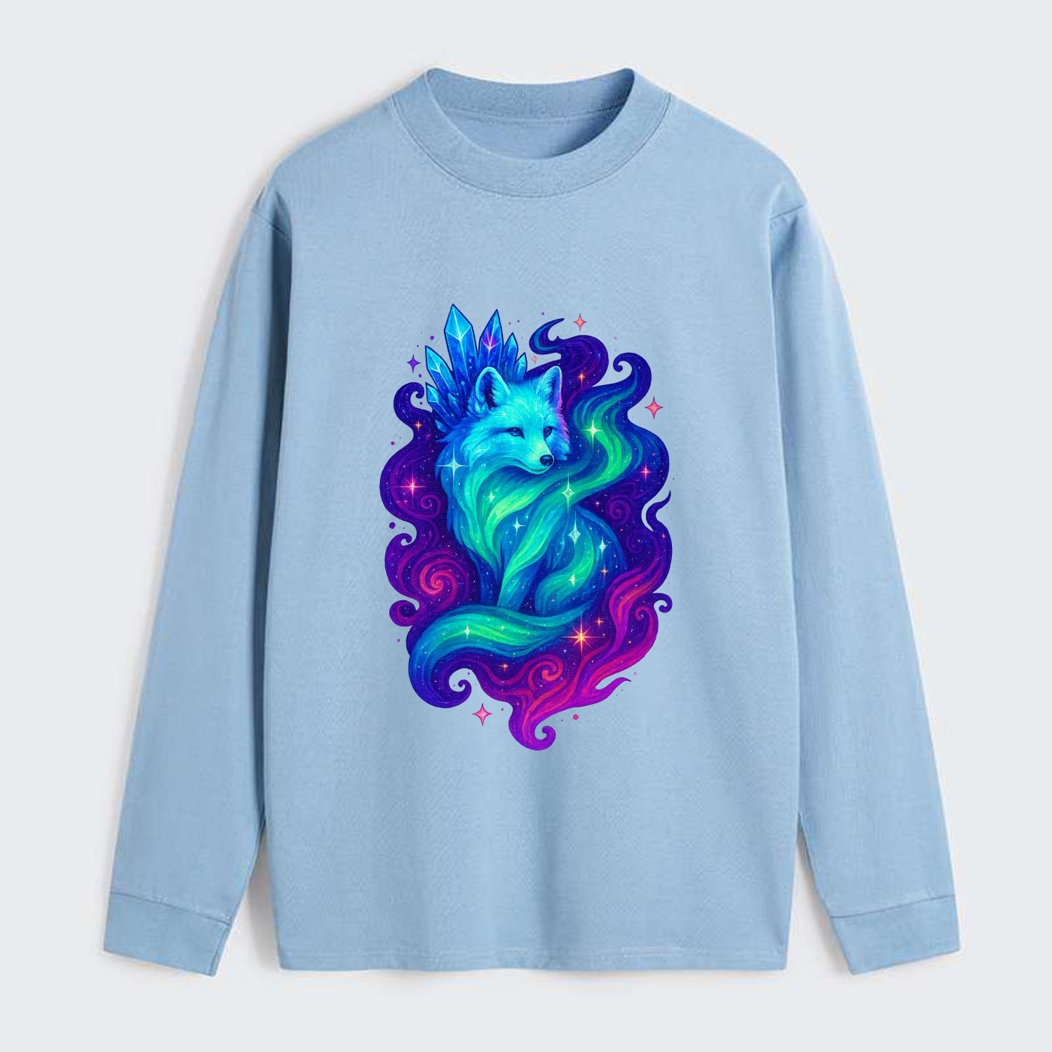 Ethereal arctic fox with fur that transforms into crystal formations, - Classic Long Sleeve Shirt - Light Blue