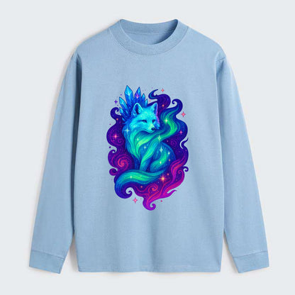 Ethereal arctic fox with fur that transforms into crystal formations, - Classic Long Sleeve Shirt - Light Blue