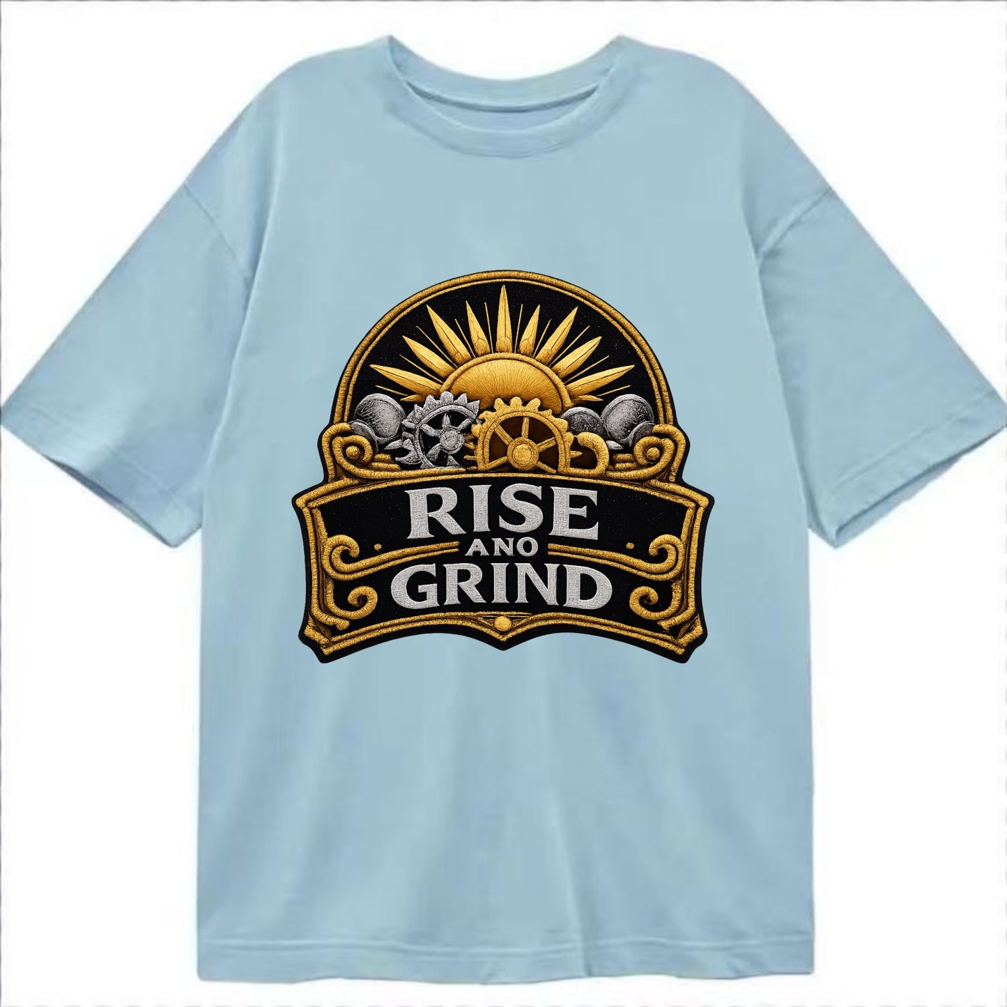 RISE AND GRIND - sun with gears in gold , morning motivation - Classic T-shirt - Light Blue