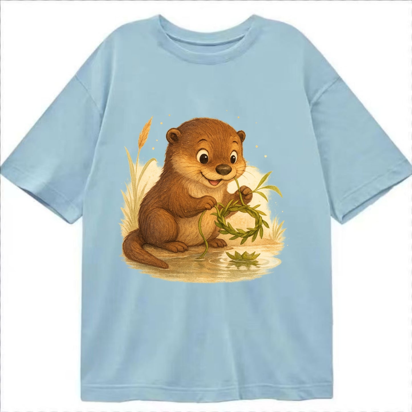 Otter weaving river reeds into a floating crown beside mirror-still water - Classic T-shirt - Light Blue