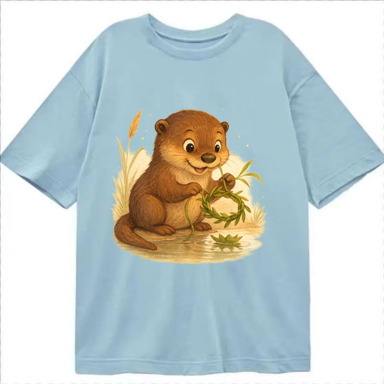 Otter weaving river reeds into a floating crown beside mirror-still water - Classic T-shirt - Light Blue