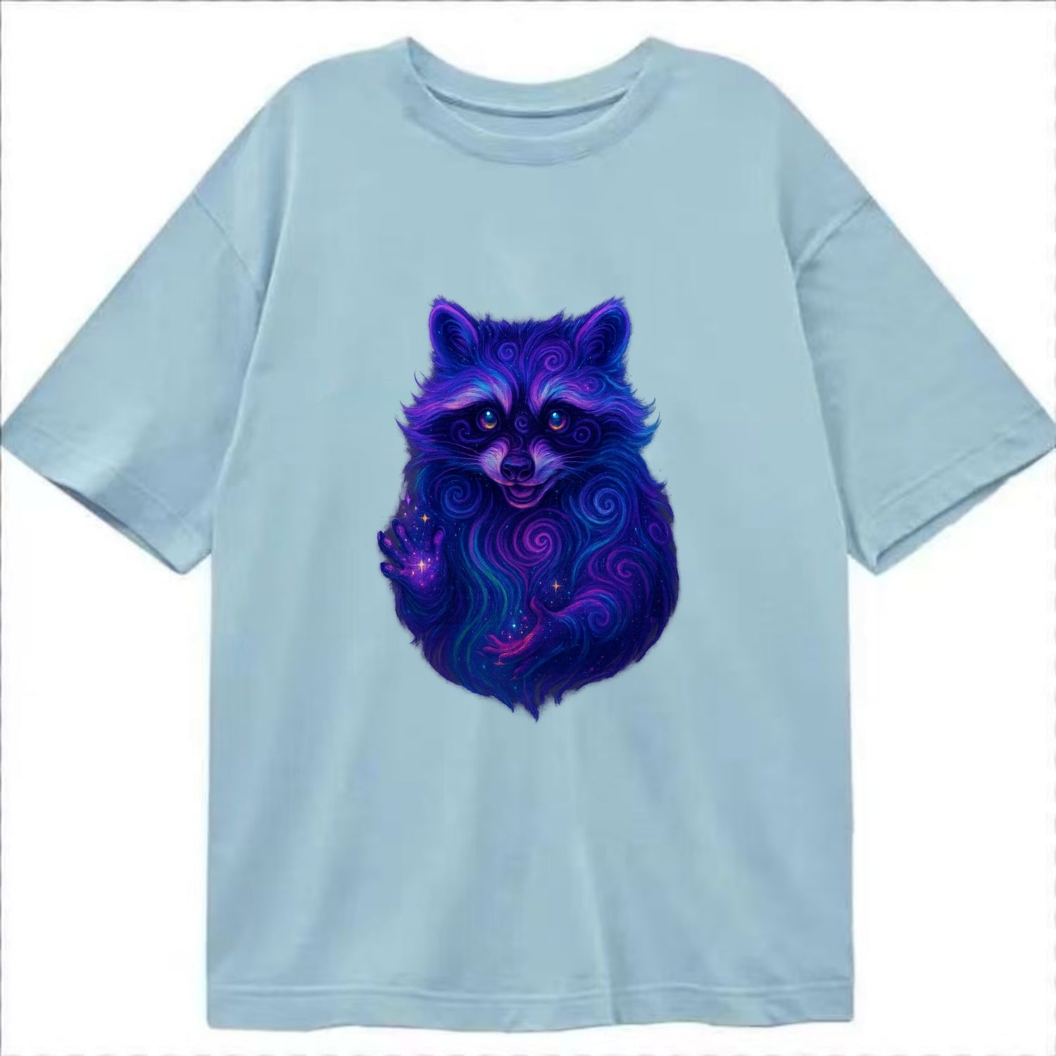 Playful raccoon with mask swirling in hypnotic patterns, neon purple and green - Classic T-shirt - Light Blue