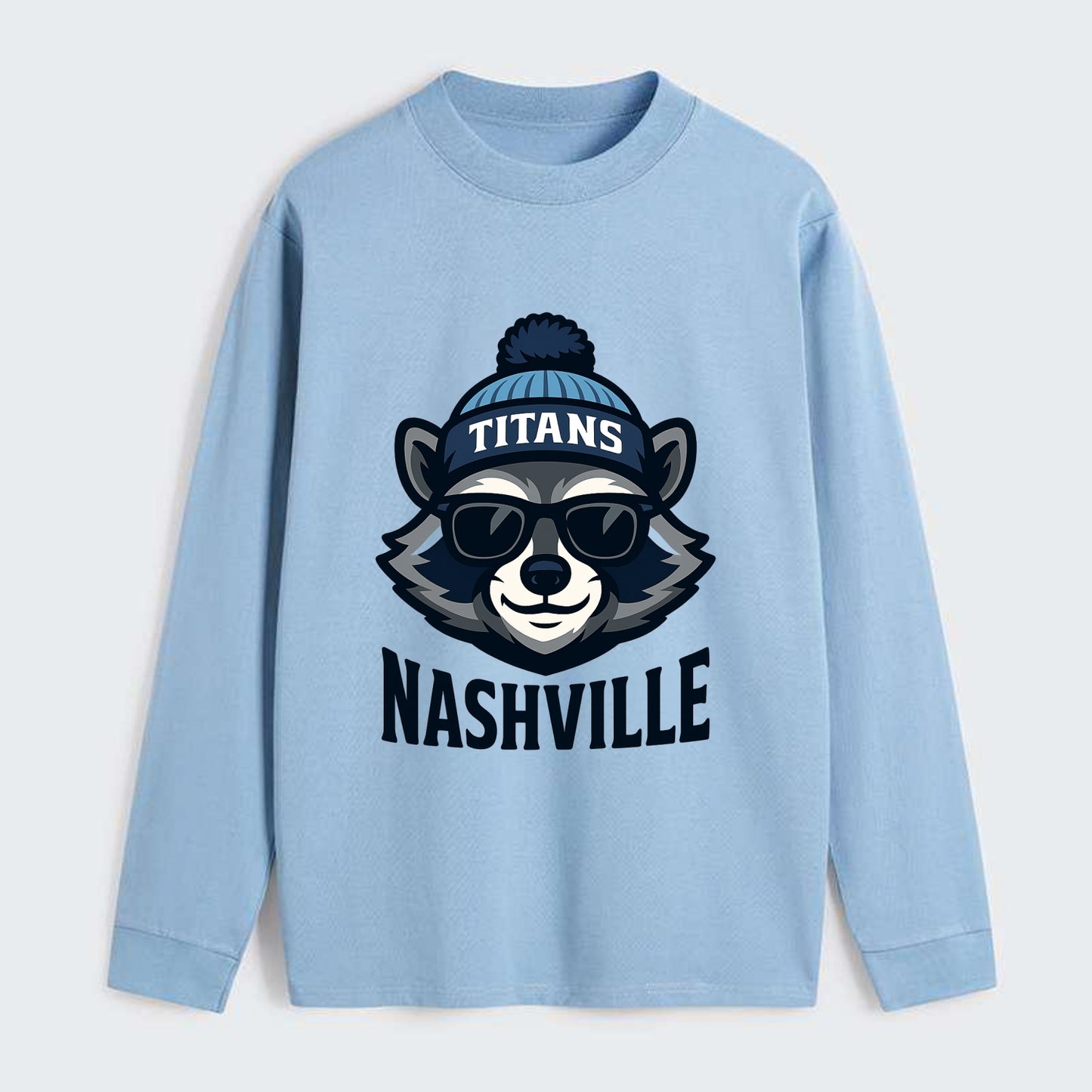 Nashville Raccoon wearing Titans navy and light blue beanie with pom - Classic Long Sleeve Shirt - Light Blue