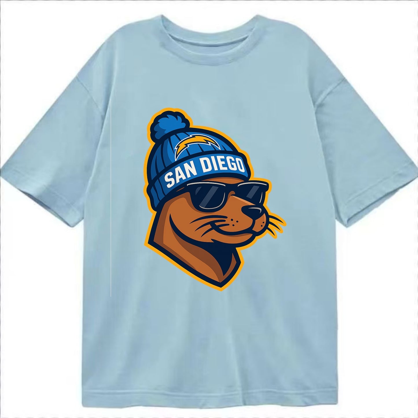 San Diego Sea Lion wearing Chargers beanie with bolt patch and wayfarer sunglasses - Classic T-shirt - Light Blue